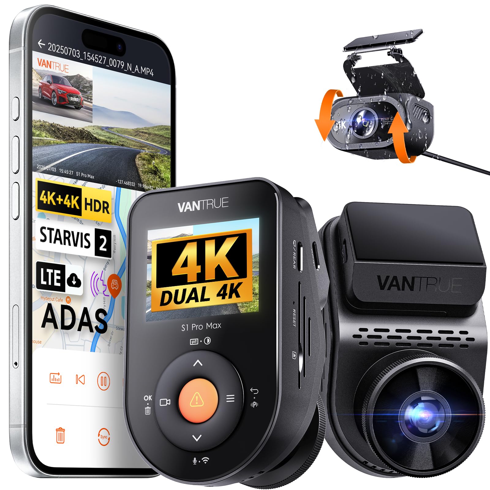 VANTRUE S1 PRO MAX 4K+ 4K Doppia Dash Cam STARVIS 2, Anteriore e Posteriore, 5G WiFi PlatePix AI GPS 360° HDR Buffer Monitoraggio Parcheggio Telecamera Auto, LTE Opzionale, Comando Vocale, 1 TB Max