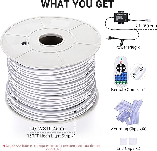Miniatura 9 de DELight Tira de luces LED de neón de 150 pies, color blanco cálido con control remoto IP65 CA 110 V, impermeable, regulable, cortable, SMD3535, luz
