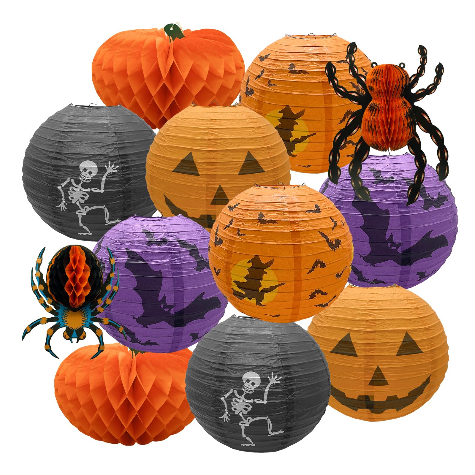 12 Inches 12 Pcs Halloween Jack-O-Lantern Paper Lanterns, Halloween Spider Skeleton Pumpkin Hanging Paper Lantern for Home Outdoor Decoration Party