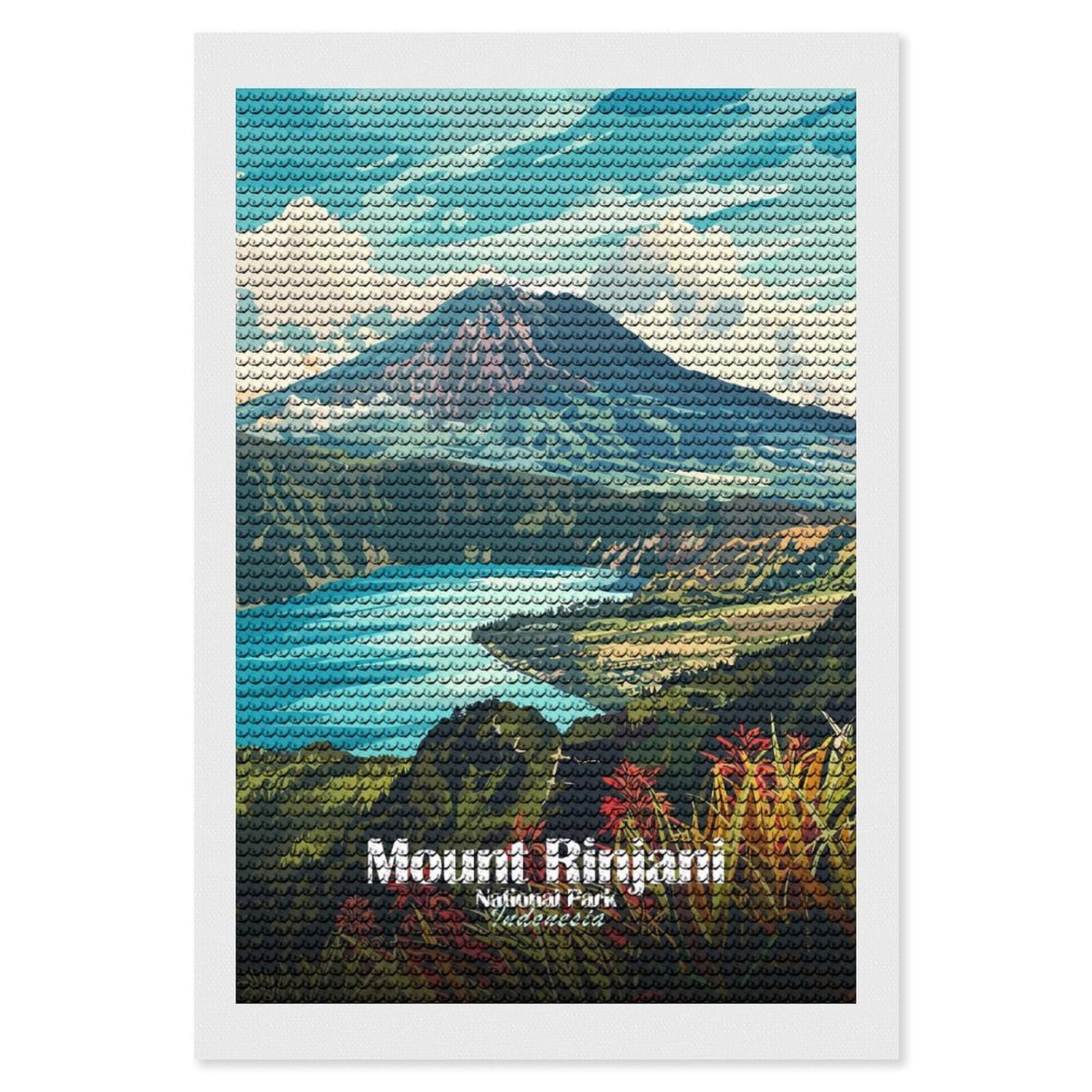 Junmoney Mount Rinjani National Park DIY Diamond Art Canvas Kit 8"x12", Complete Accessories, Creative Leisure Activity, Home Wall Decor, Gift Idea