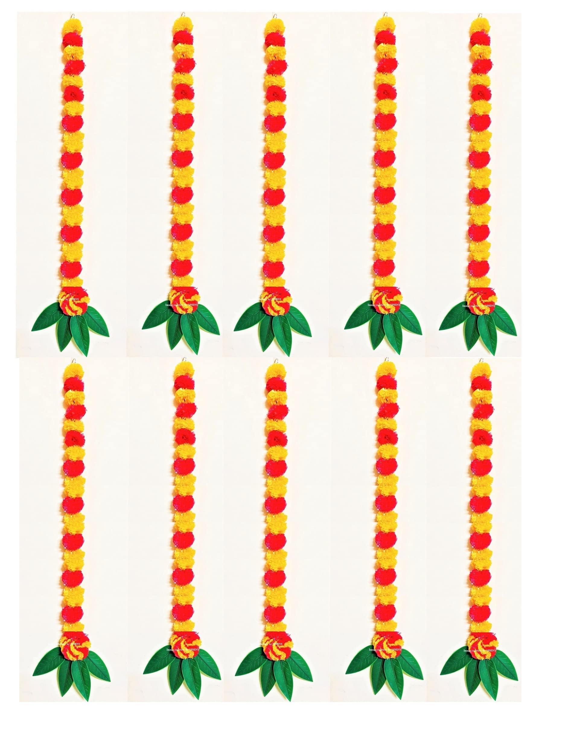 Sphinx artificial marigold fluffy flowers and mango leaves garlands for home decoration, wall decorations, backdrops - Light orange and Red (Approx. 6 ft, 10)