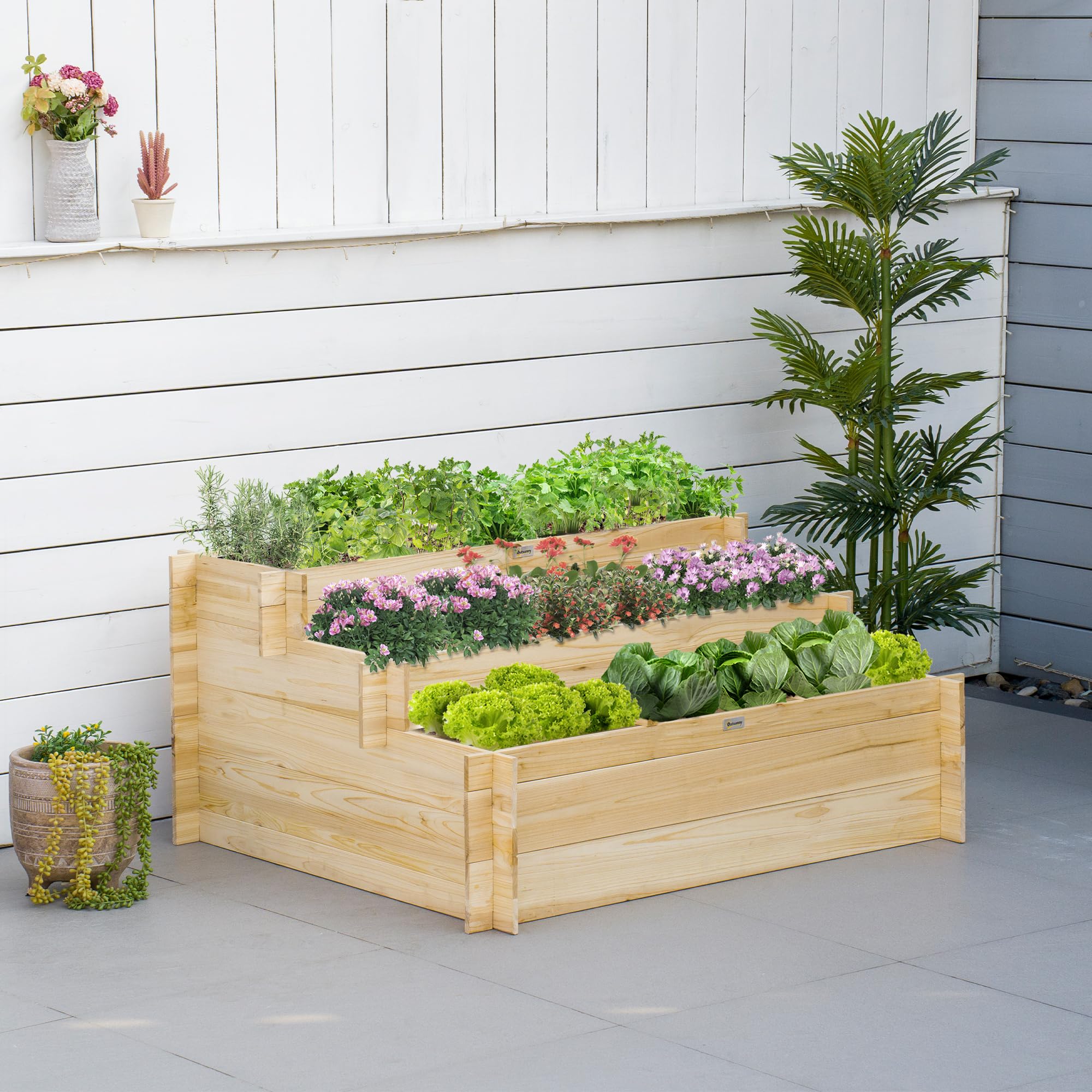 Outsunny Jardinière sur Pieds 3 Niveaux 117L x 100l x 54H cm Bois Naturel