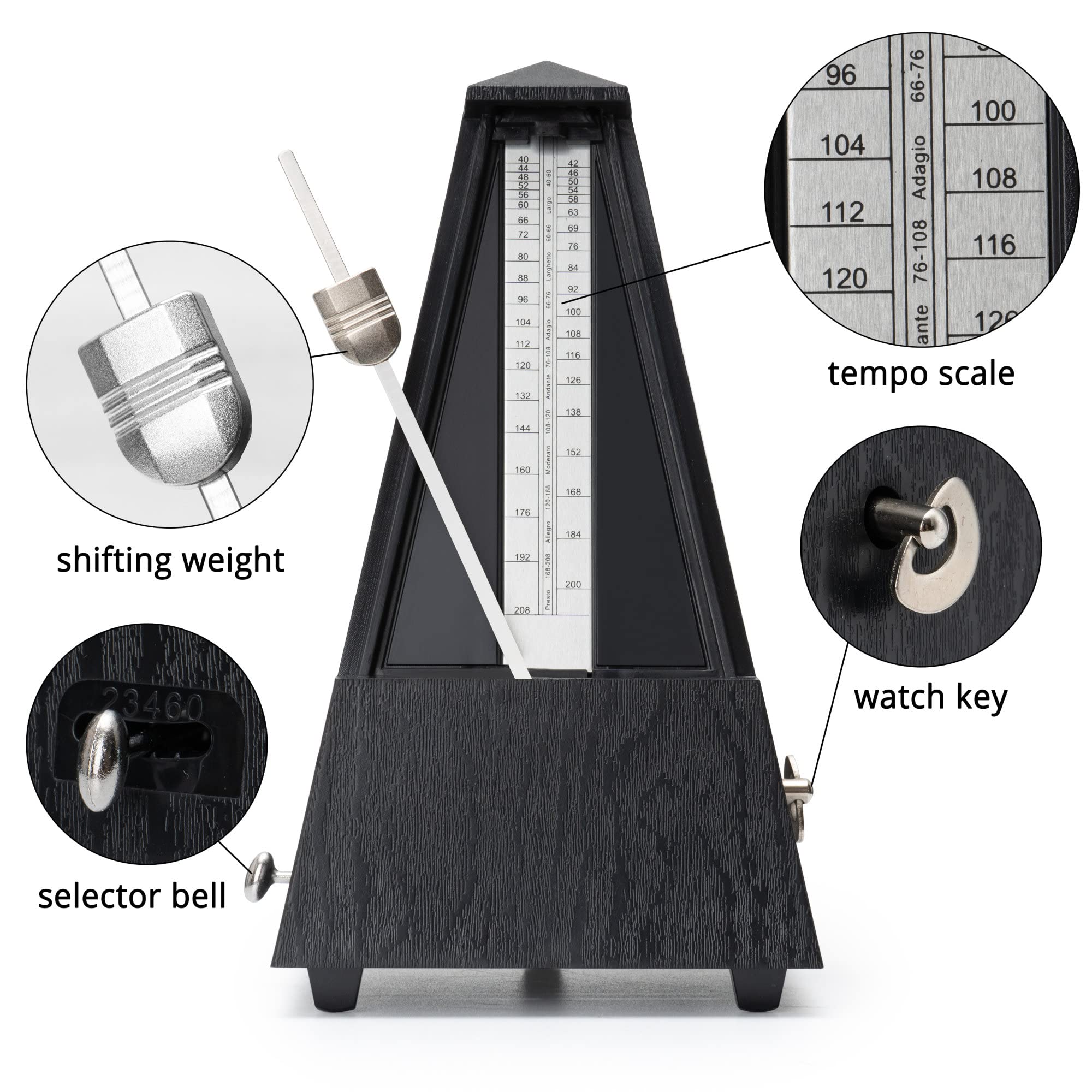 M-03G Metronom Mechanischer Taktgeber Pyramidenform 40-208 Schläge pro Minute 4 Taktarten Robustes Kunststoffgehäuse Schwarz Holzmaserung