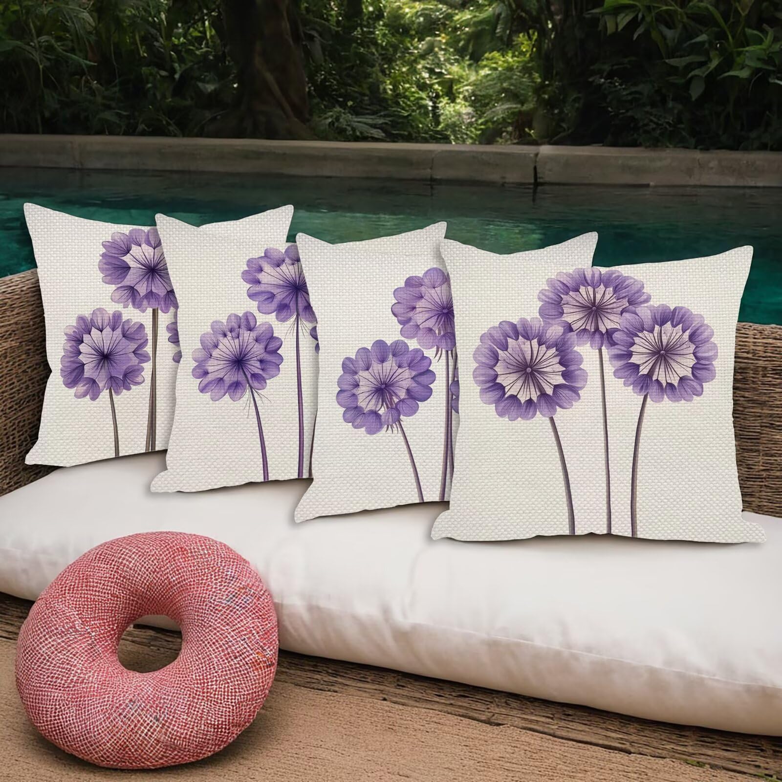Outdoor Kissenbezug 60x60cm 4er Set Outdoor Wetterfest Kissenbezüge Löwenzahn Wasserdichte Leinen Dekorative Kissenhülle Frühling Sommer Zierkissenbezug für Balkon Terrasse Garten Deko (Einfach) Y-47