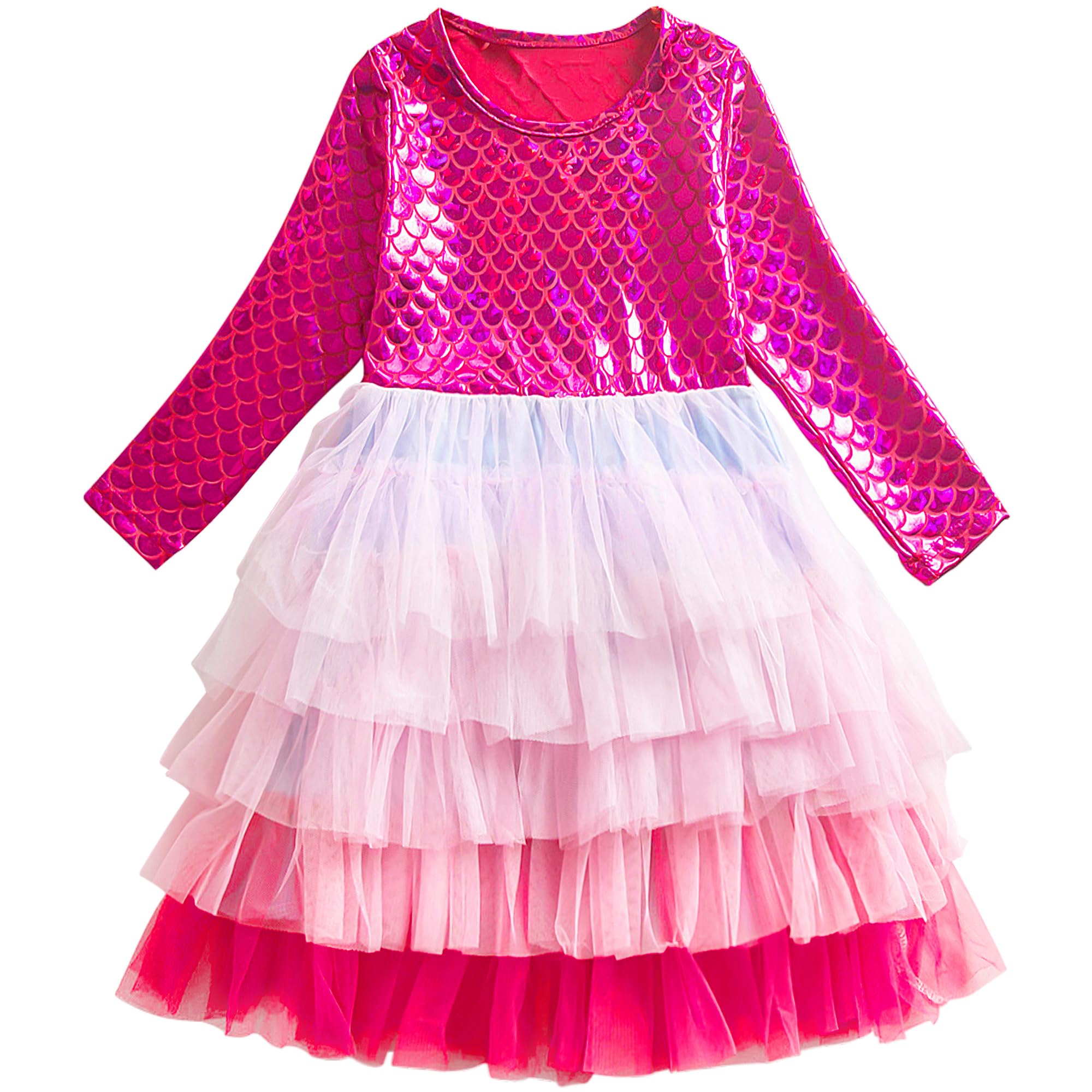 FILOWA Vestido Niña Infantil Tul Sirena Princesa Disfraz Elegante Lentejuelas Tutu Vestidos Sin Manga/Manga Larga Verde Morado Rosa Ropa Primavera Verano Otoño Fiesta Cumpleaños Niños 3-8 años