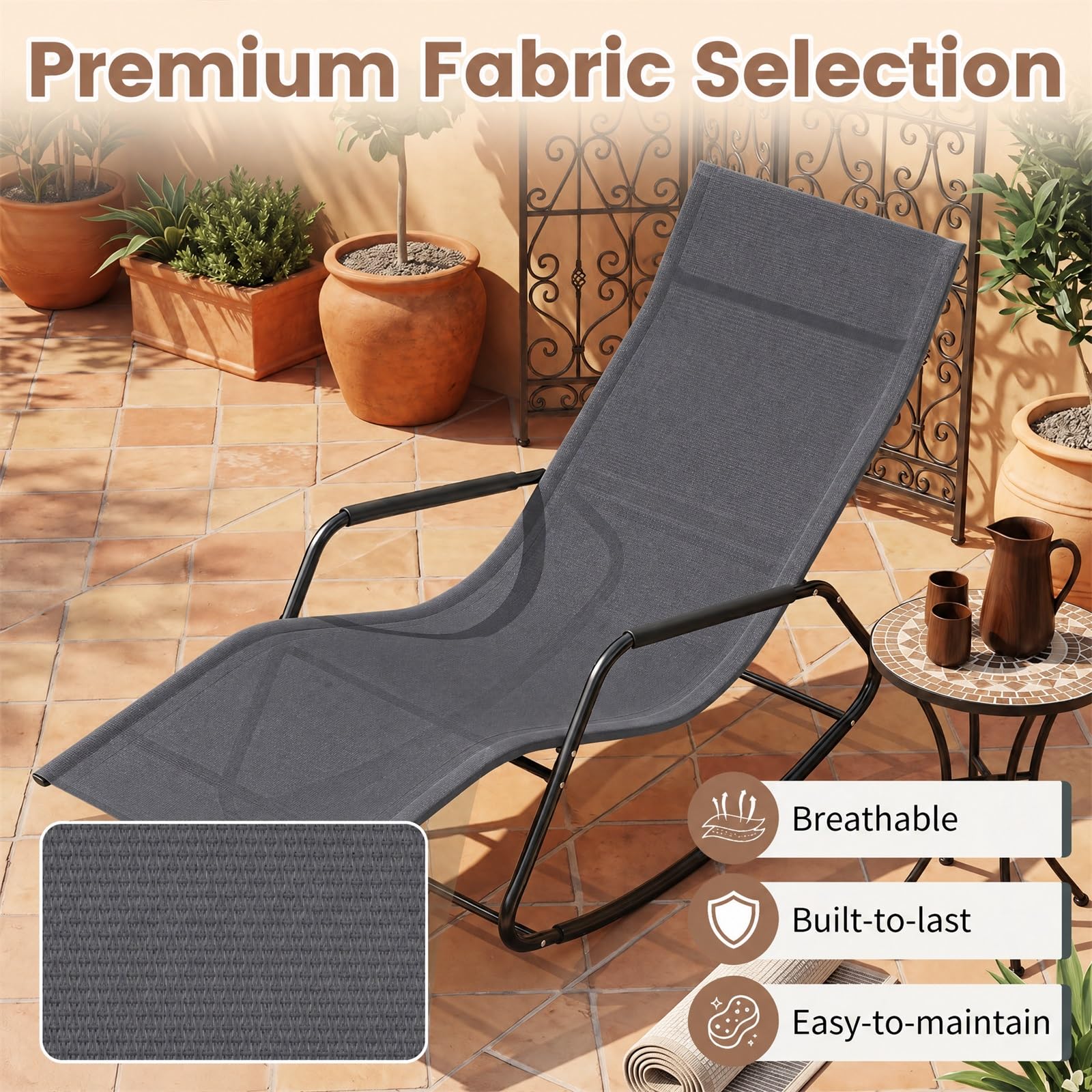 GOPLUS Chaise Longue à Bascule Métallique avec Tissu Respirant (Gris)