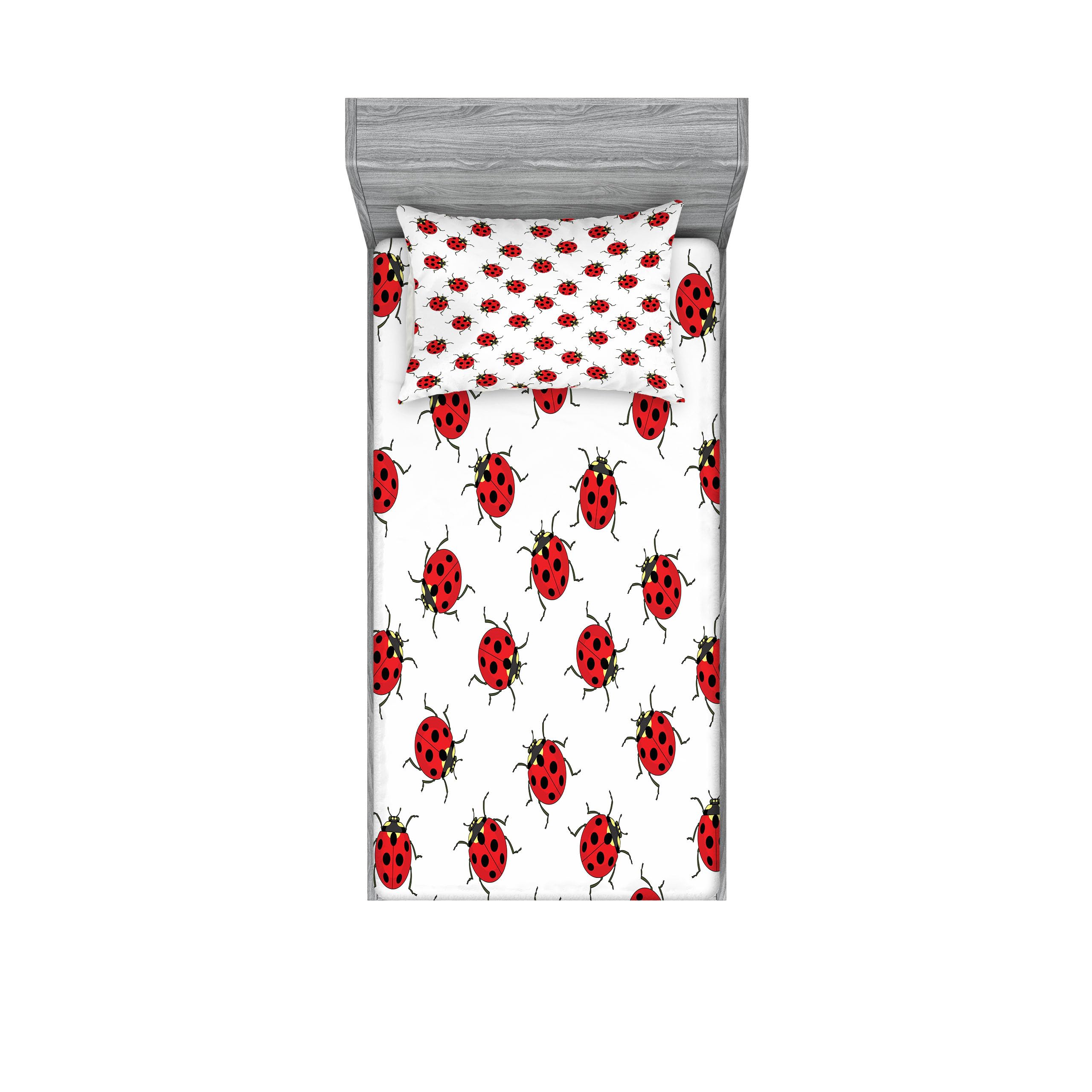 Ambesonne Ladybugs Fitted Sheet & Pillow Sham Set, Ladybugs Pattern Bunch of Bugs Infinite Speckled Marked Insect Theme Playroom Kids, Decorative Printed 2 Piece Bedding Decor Set, Twinxl, White