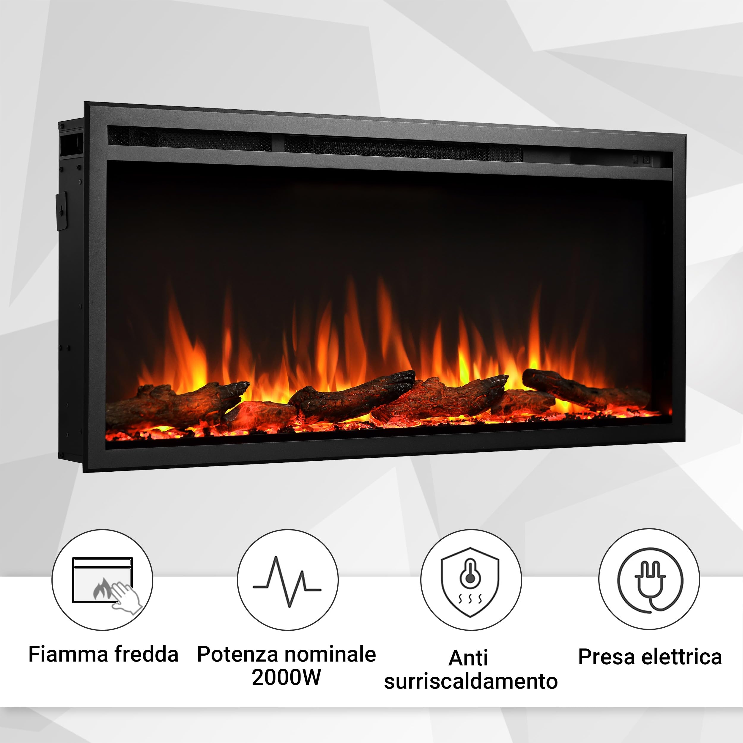 Balderia camino elettrico Atalanta | Caminetto a incasso effetto fiamma 3D | Riscaldamento elettrico 1500W, LED, comando via app, crepitio | Nero