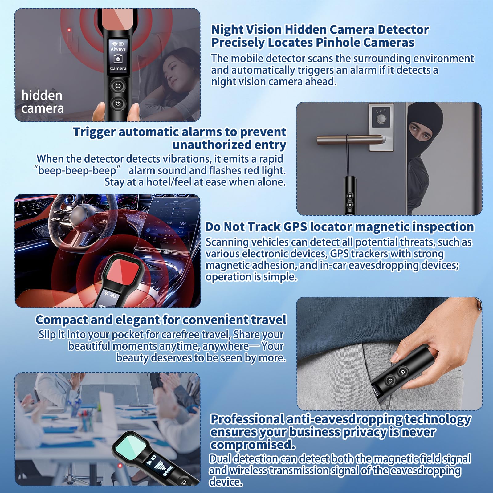 AOUZOVLI Detecteur De Micro Espion Detecteur De Traceur GPS Voiture Professionnel Protection Espion avec écran HD Utilisation Facile Idéal pour Les Hôtels La Maison Le Bureau Et Les Voyages