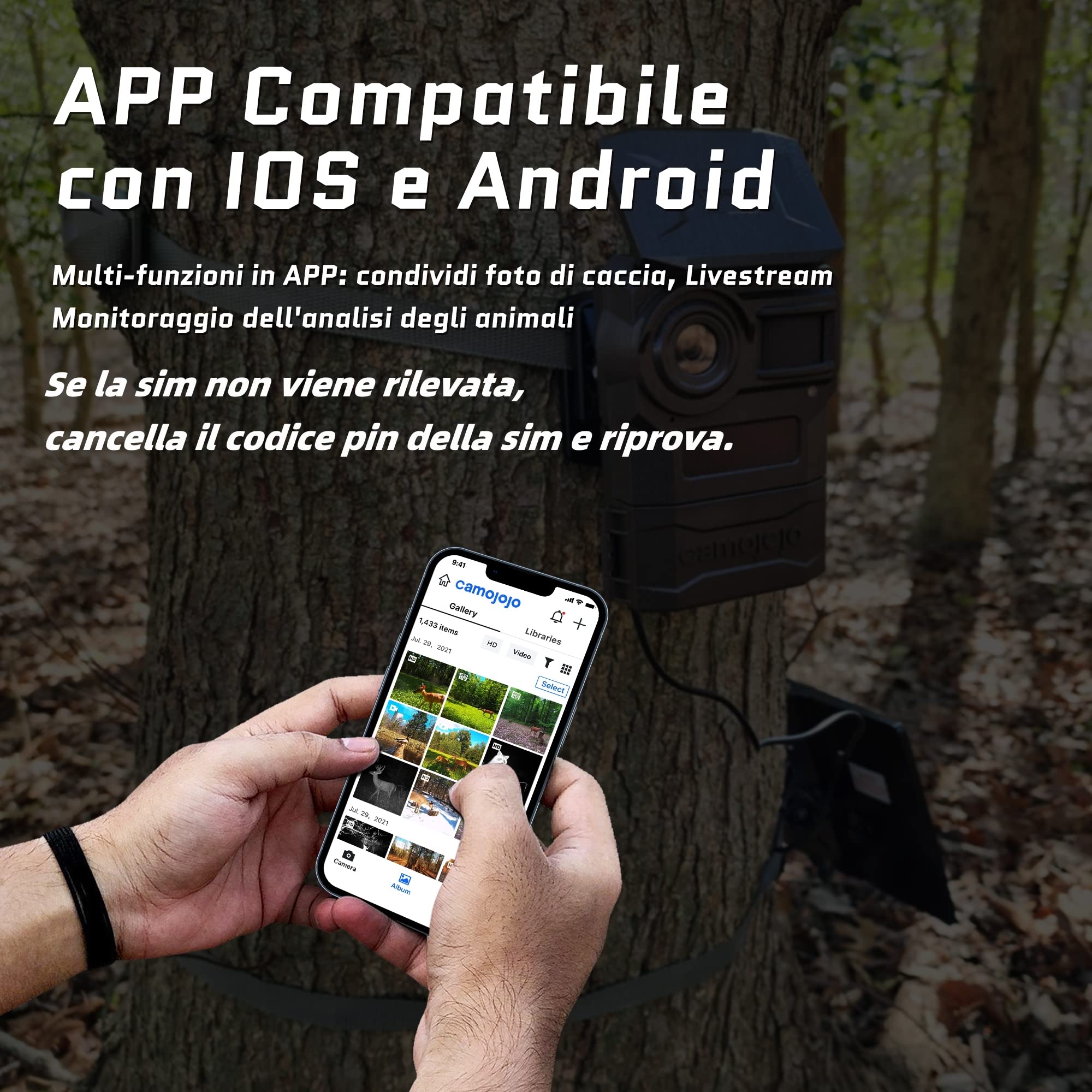 Camojojo Trace Fototrappola con SIM 4G LTE, Foto trappola infrarossi invisibili, Fotocamera caccia con IP66 impermeabile, Scheda SD da 32 GB, Multifunzioni APP, Tempo di funzionamento più lungo