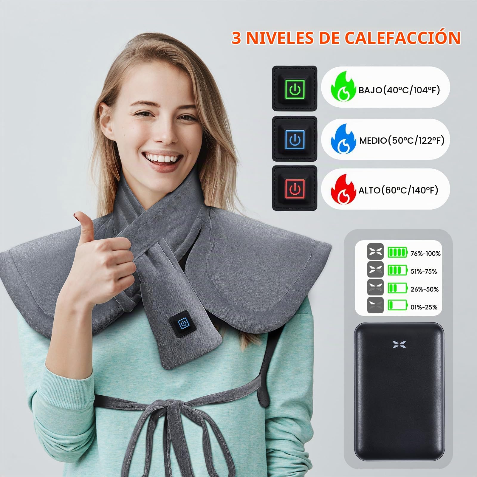 Manta Electrica Espalda y Cuello, Almohadilla Térmica Eléctrica con Batería de 10000mAh y 3 Niveles de Temperatura, Esterilla Electrica con Apagado Automático, Calentamiento Rápido