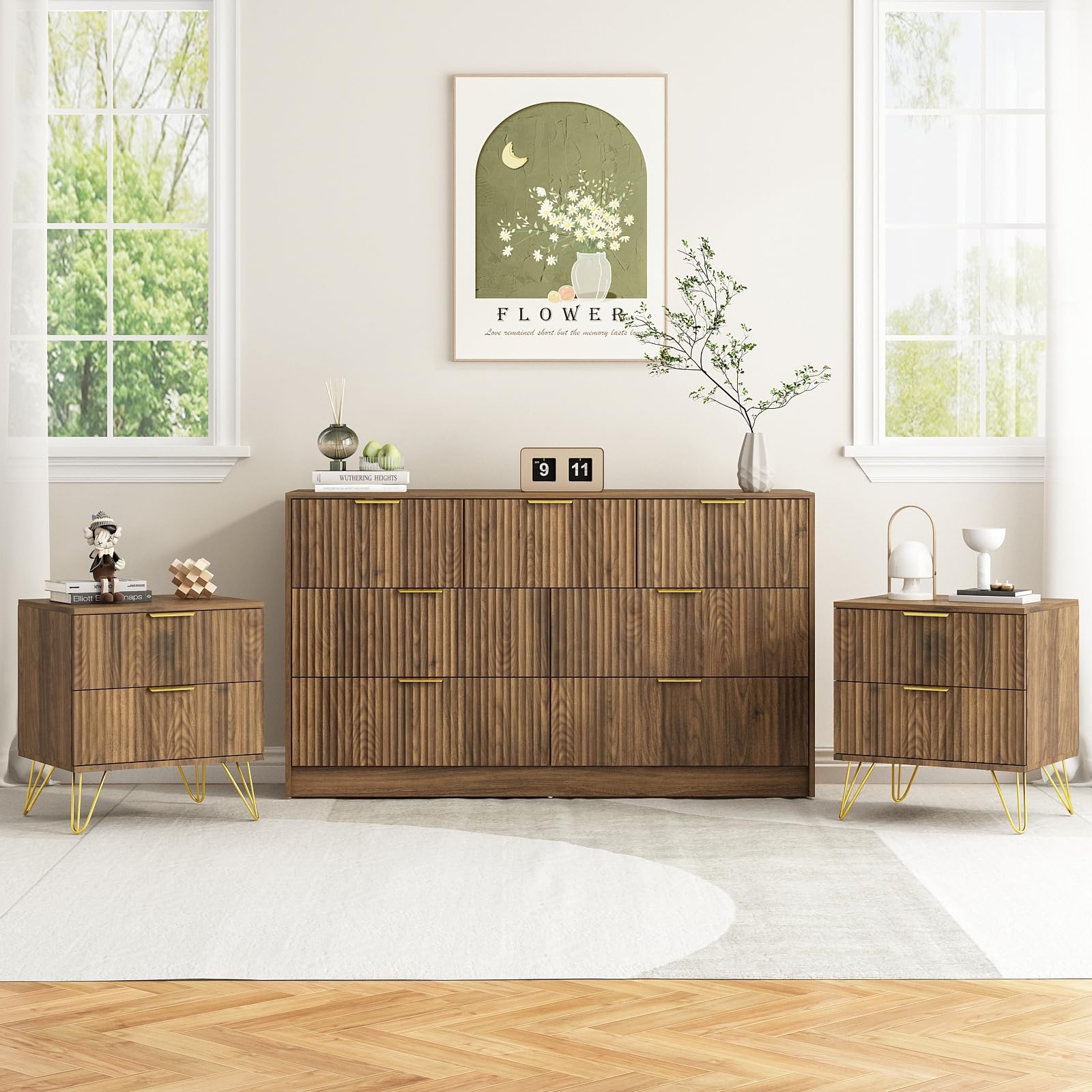7 Drawer Dresser and Nightstand Sets for Bedroom, 3 Pcs Bedroom Set,Night Stand Set of 2 & 7 Drawer Dresser with Gold Handles, Wood Chest of Drawers Mid Century Storage Cabinet Set, Natural