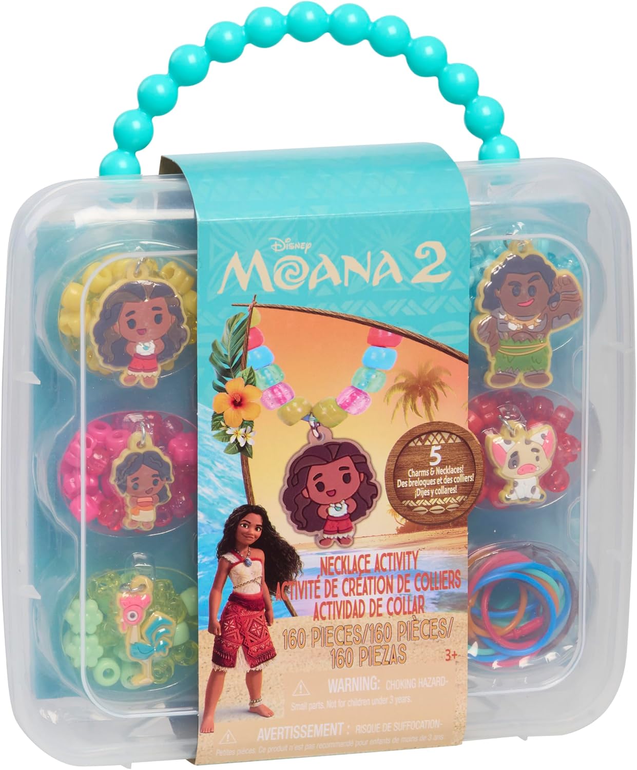 Tara Toys Disney Moana Necklace Activity Set – Kids DIY Jewelry Kit with 150+ Beads, 5 Character Charms & Carry Case, Creative Craft Gift for Ages 3+