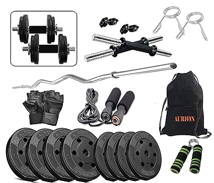 Aurion Home Gym Weight Lifting Pack with Dumbbells Rods + Glove + Gym Towel with Bag (Choose from 8 KG -24 KG)