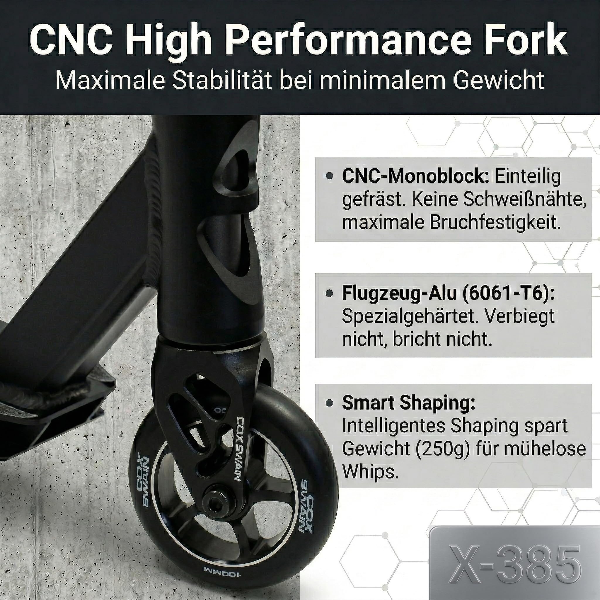 Cox Swain X-385 Stunt Scooter Kinder ab 10 Jahre – Stunt Roller mit SCS Compression, CNC-gefräster Alu Gabel aus einem Stück, ABEC 9 Alu Core Rollen & 360° Y-Lenker für Skatepark & Pipe