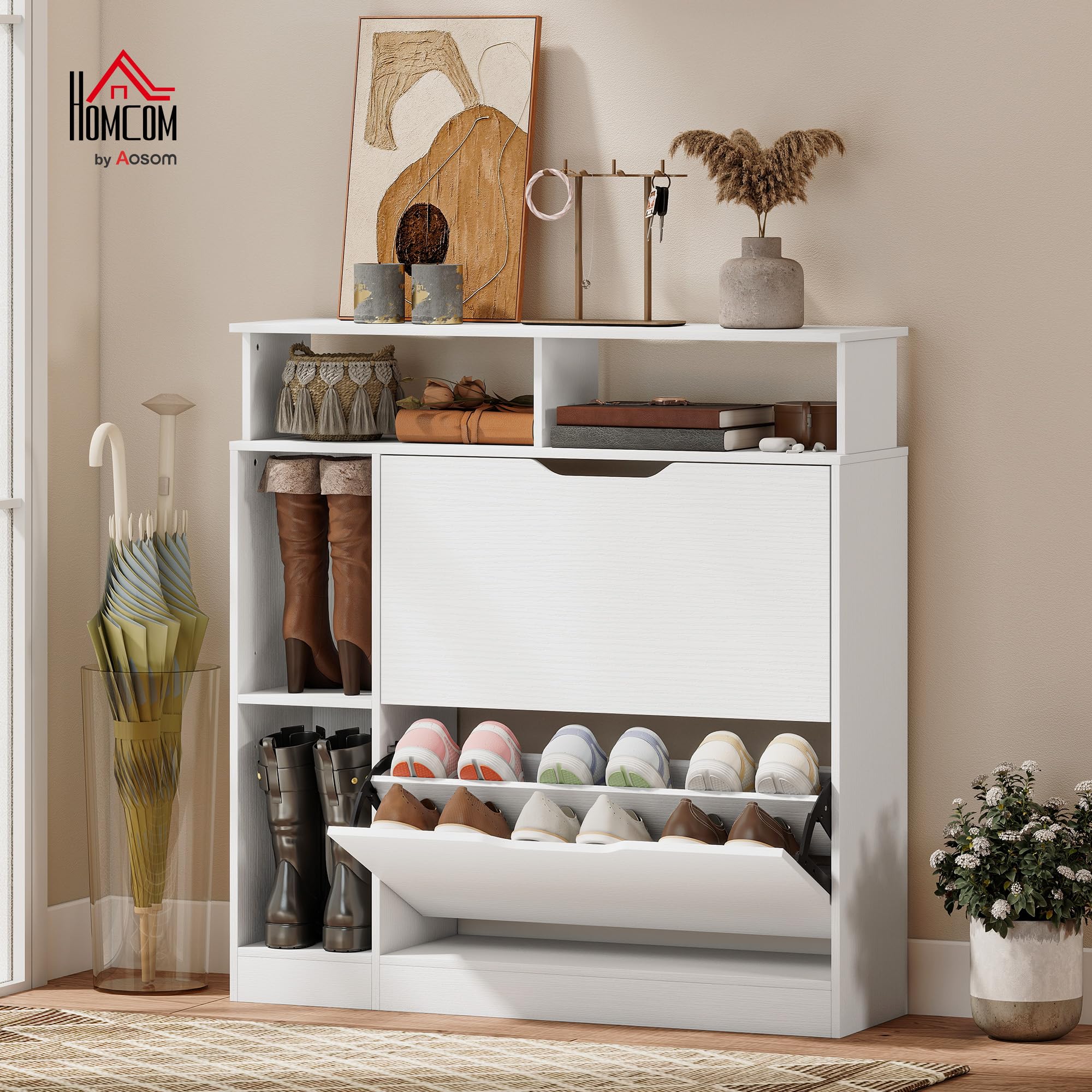 HOMCOM Scarpiera Salvaspazio Slim con 2 Ante a Ribalta, Scarpiera Ingresso con Ripiani Regolabili Rimovibili, Ripiani Aperti, Scomparto Laterale, Porta Scarpe in Legno con Maniglia, Bianco