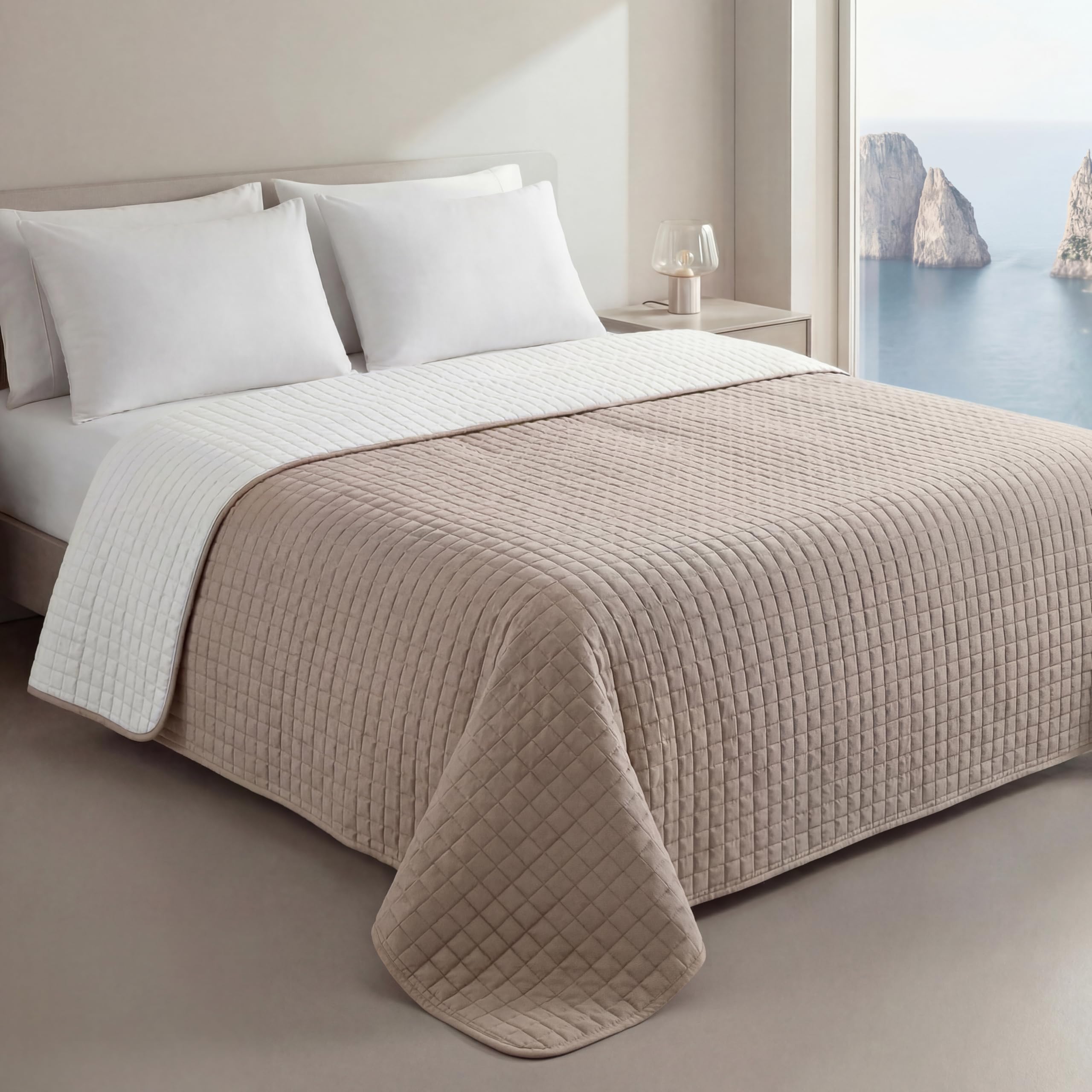 Clara Home Milano Copriletto Trapuntato Capri in Microfibra Manopesca, Double Face, Trapuntino Primavera Estate, Qualità Premium, Made in Italy, Coperta Letto Singolo, Colore Beige