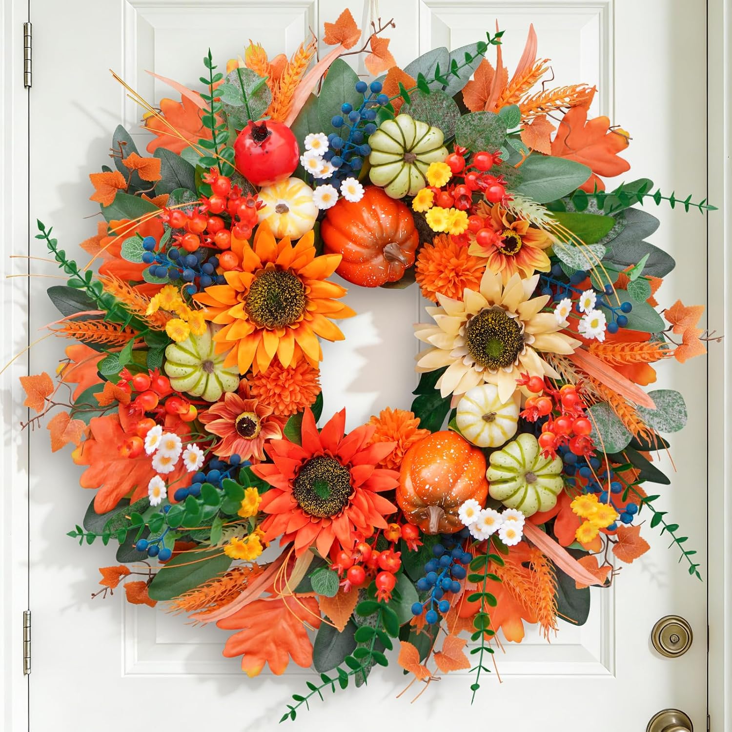 Fall Wreaths for Front Door 24", Fall Door Wreath with 3 Color Sunflowers | Fall Wreath 3 Color Sunflowers Pumpkins & Berries for Abundant Natural Scenery, Fall Decor for Home & Thanksgiving Wreaths