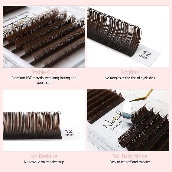 Ellipse Flat Eyelash Extension C Curl 0.15mm 8-15mm Mixed Tray Individual Volume Lash Split Tips False Eye Lash Supplies Natural Soft Flat Lashes Extensions (Brown;0.15 C, 8-15 MIX)