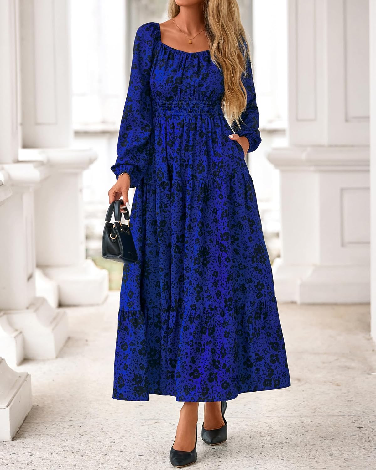 BTFBM Long Sleeve Dress for Women 2026 Spring Fall Boho Floral Square Neck Casual Flowy Long Wedding Guest Maxi Dresses - Image 7