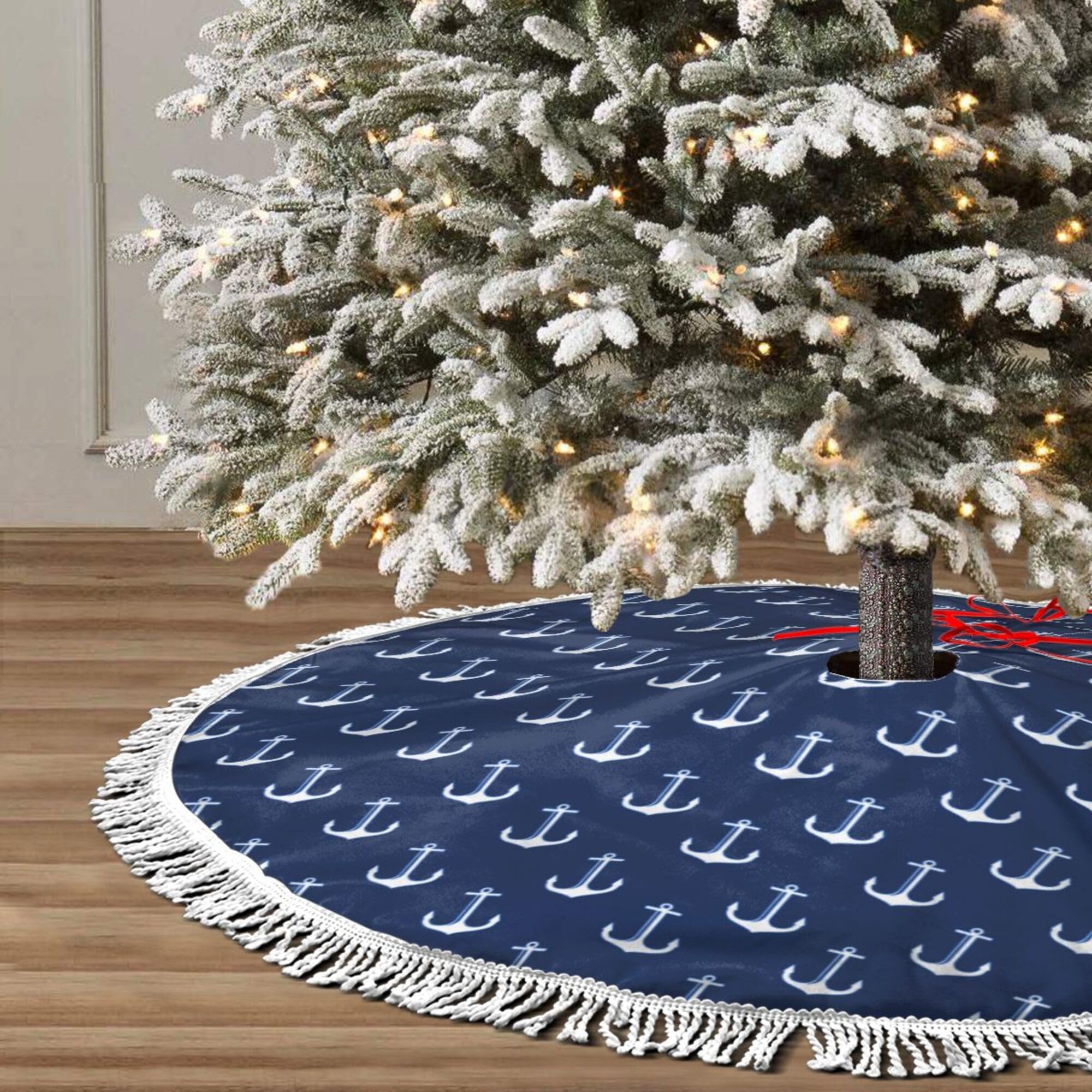 Jupe de sapin de Noël rustique bleu marine mandala ancre nautique
