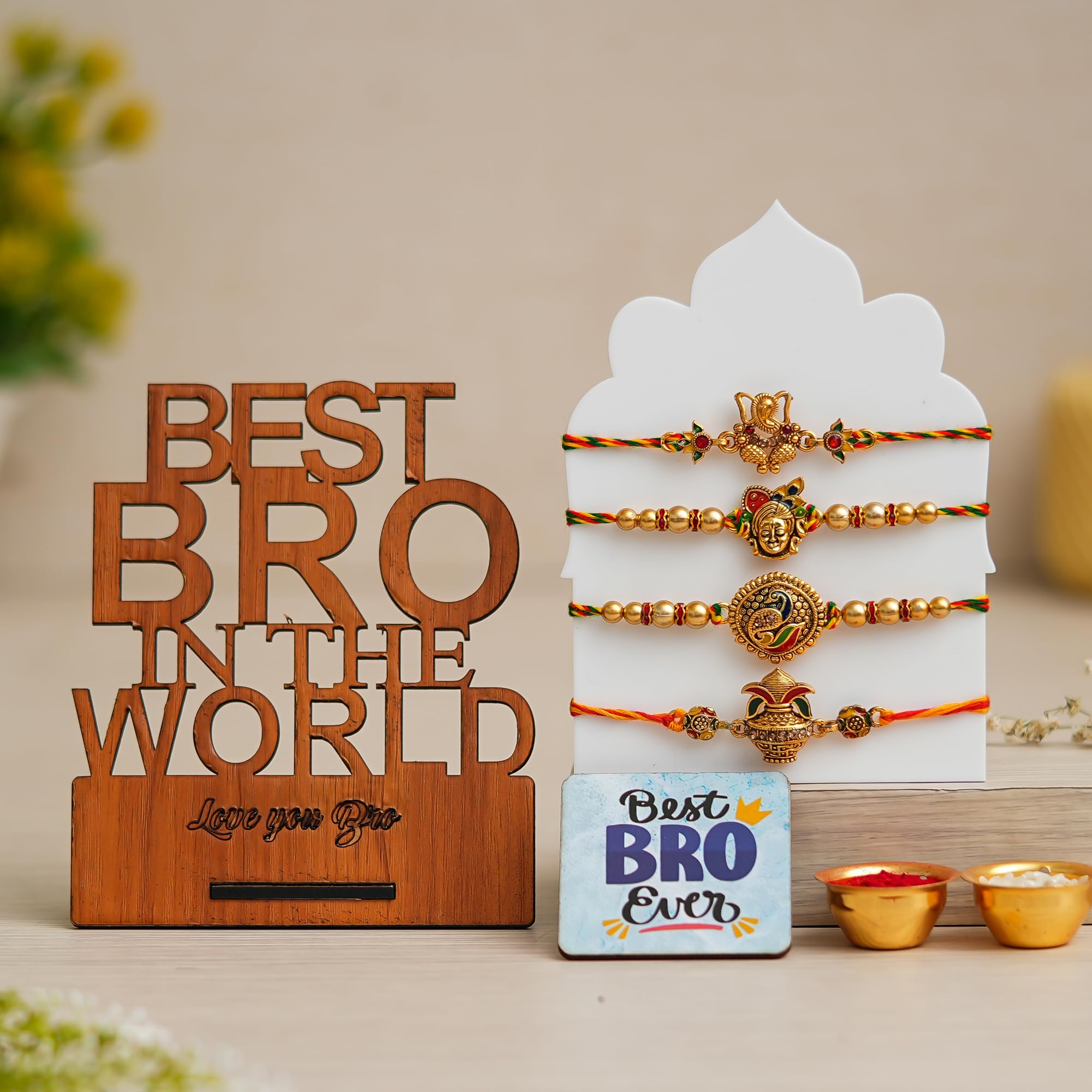eCraftIndia Set of 4 Designer Rakhi with Best Bro in the World Wooden Showpiece & Best Bro Ever Fridge Magnet | Premium Raksha Bandhan Gift Set for Brother | Roli Chawal Included