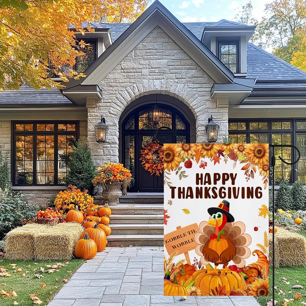 MEHOFOND Fall Happy Thanksgiving Garden Flag, Double Sided for Outside Pumpkin Turkey Gobble Til Wobble Maple Leaves Give Thanks Turkey Seasonal Autumn Yard Decoration 12x18in - Image 4