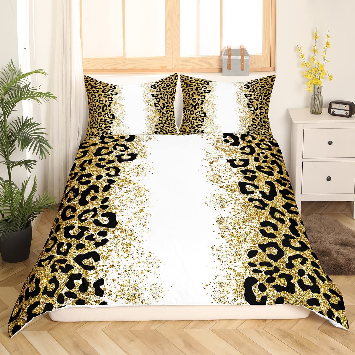 Homemissing Leopard Print Bedding Set Kids Glitter Cheetah Print Comforter Cover Set for Boys Girls Animal Print Duvet Cover Breathable Luxury Golden Bedspread Cover Decor Pastel Quilt Cover Double - Image 3