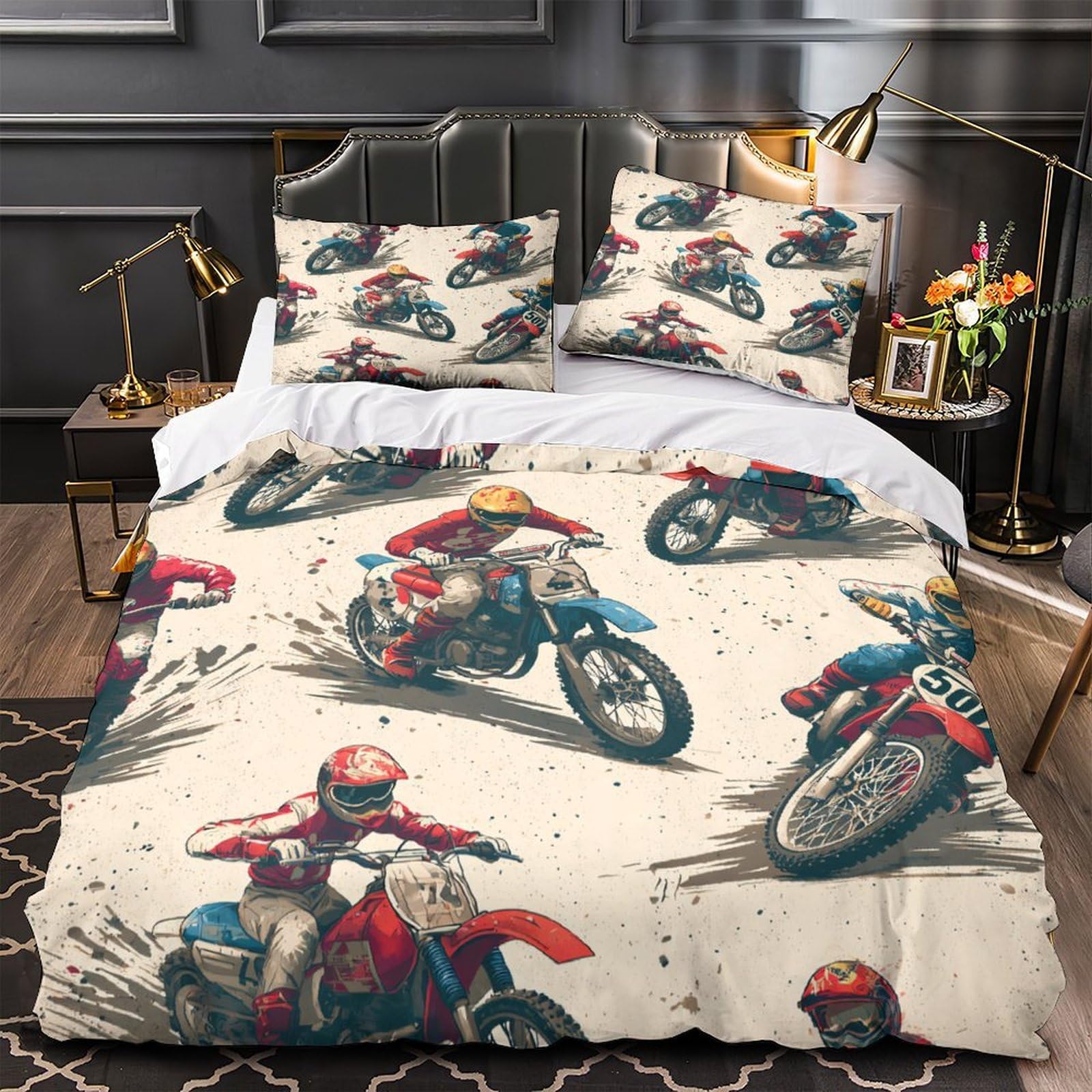 Parure de lit moto 3D pour chambre de garçon déco sportive dynamique