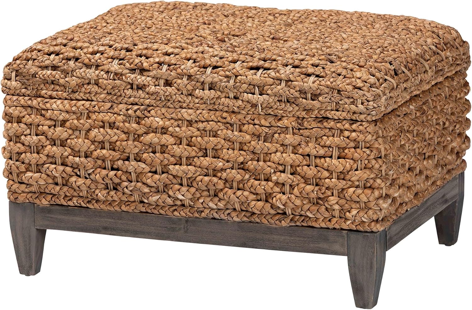 bali & pari Bailey Handwoven Water Hyacinth Storage Ottoman with Lift-Top Lid – Rustic Wicker Trunk or Footrest with Inner Compartment for Living Room or Entryway, Square