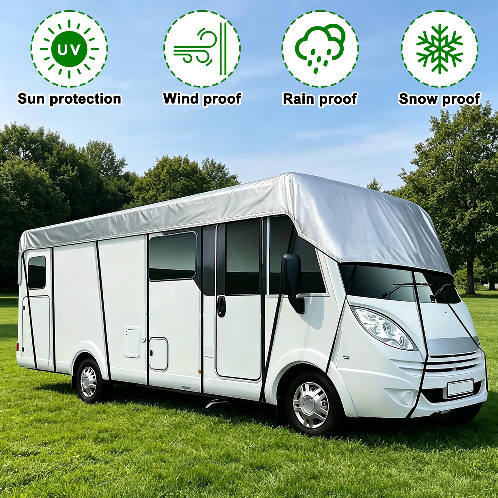 Copertura superiore per camper e roulotte, copertura impermeabile universale per l'estate, protezione dai raggi UV, tessuto Oxford 210D, con strisce riflettenti, 5 x 3 m