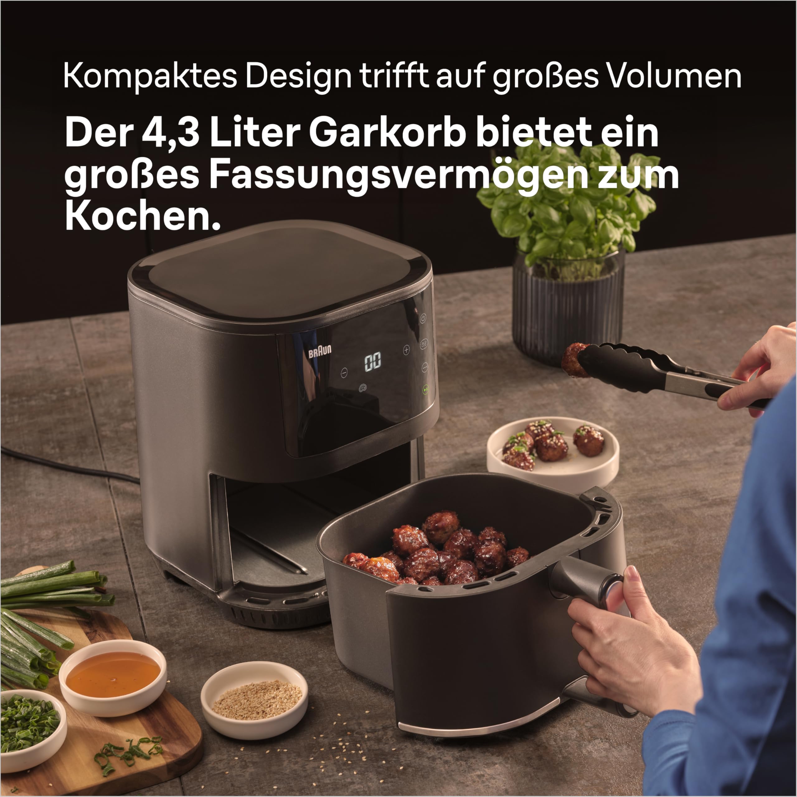Braun Heißluftfritteuse MultiFry 3 HF 3030, 4,3 L, 1500W, digitale Temperaturregelung, 80-200°C, Timer, 8 Programme, Touch Control, Antihaftbeschichtung, Garkorb & Rost spülmaschinenfest, Schwarz