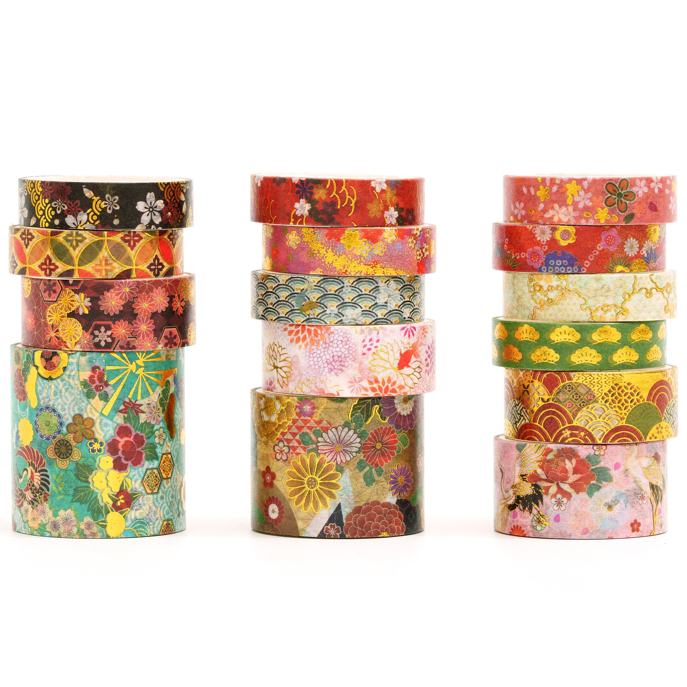 Songdao 15 Rolls Japanese Sakura Washi Tape Set, Traditional Kimono Decorative Masking Tapes with Gold Foil, Cherry Blossom Arts for Craft, Scrapbook, DIY, Gift Wrapping (1-Sakura Court Splendor)