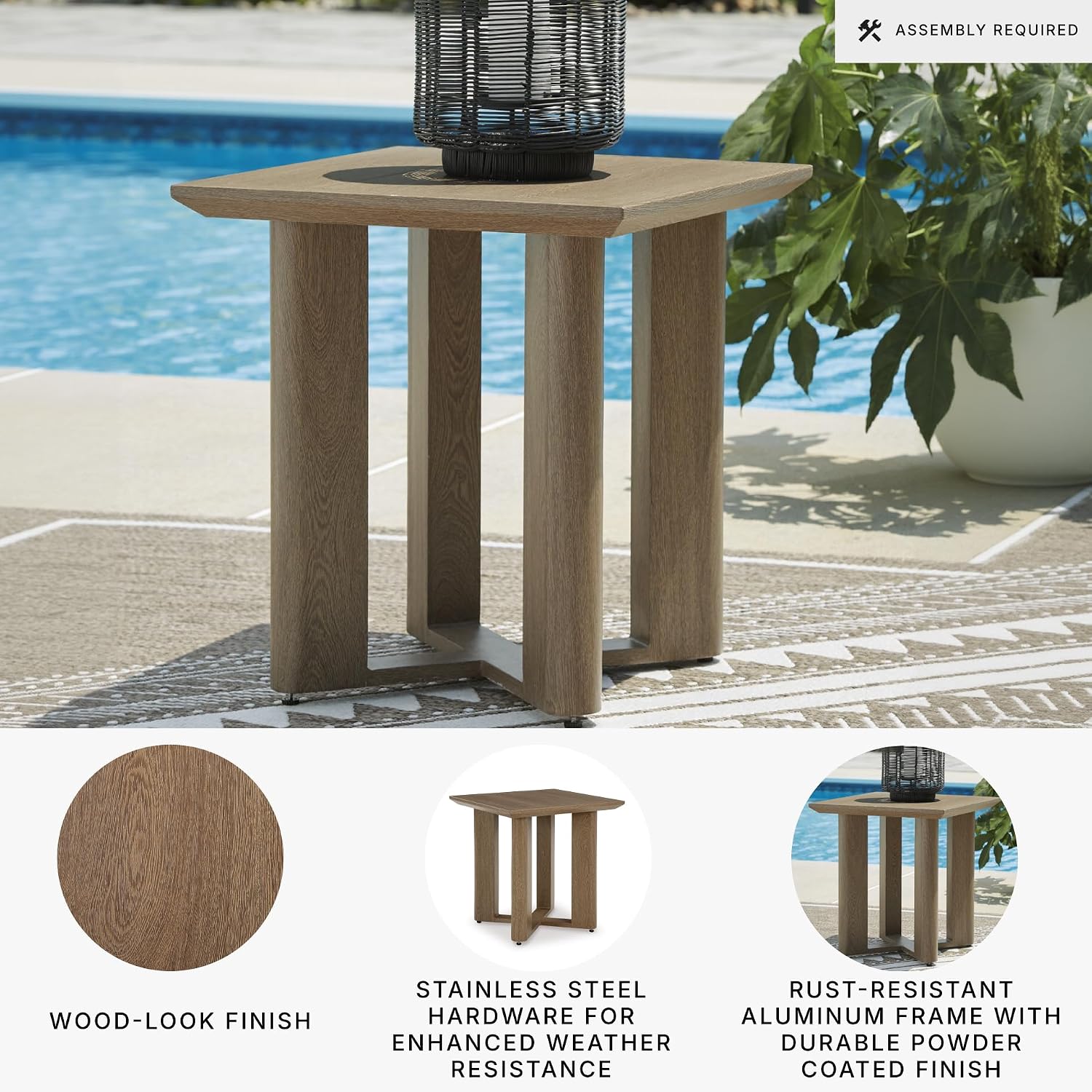 Signature Design by Ashley Outdoor Metal Side Table, Dark Brown | Wood-look patio side table, Ideal outdoor end table 24 inches high for lounges, Serene Bay Series