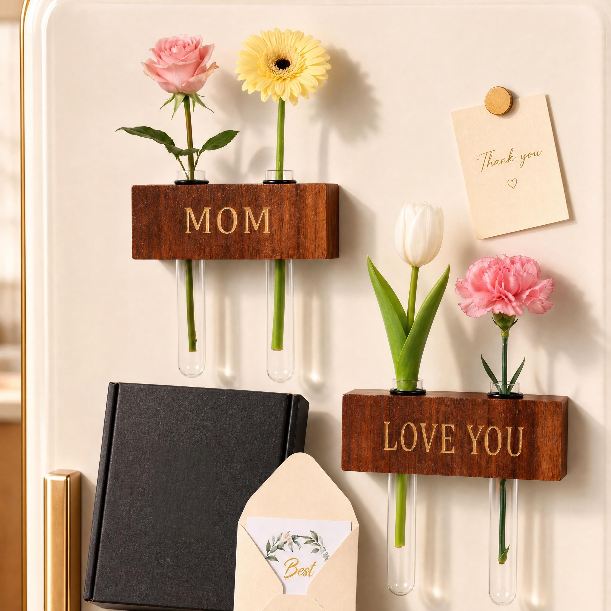 Mini magnetyczne drewniane wazony z grawerunkiem MOM & Love You – drewniane klocki z probówkami, dekoracja stołu i lodówki, prezenty dla mamy od córki, wyjątkowe prezenty urodzinowe dla mamy od syna