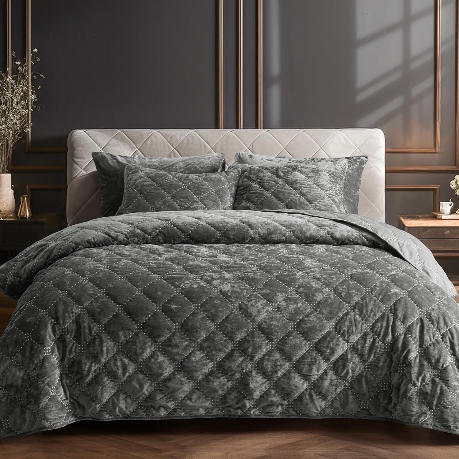 PHF Luxury Velvet Quilt Set King Size, Lightweight Velvet Comforter, Ultra Soft Cross Stich Quilted Bedding Set for, Home Decor Bedspread 108" x 92"with 2 Pillow Shams 20" x 36", Grey King(108"x92") Star-grey