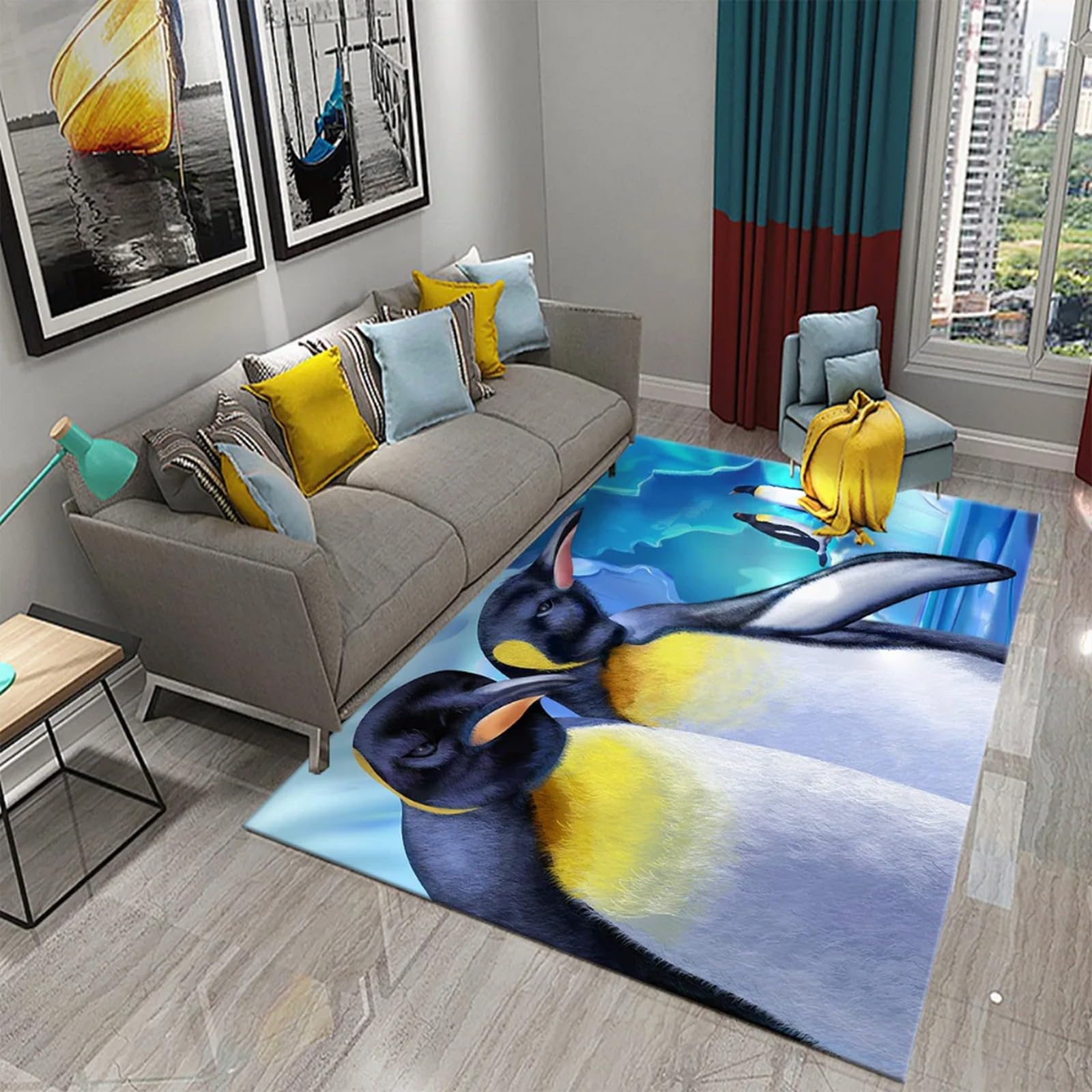Tapis doux salon style pingouin pour créer un coin jeu enfants