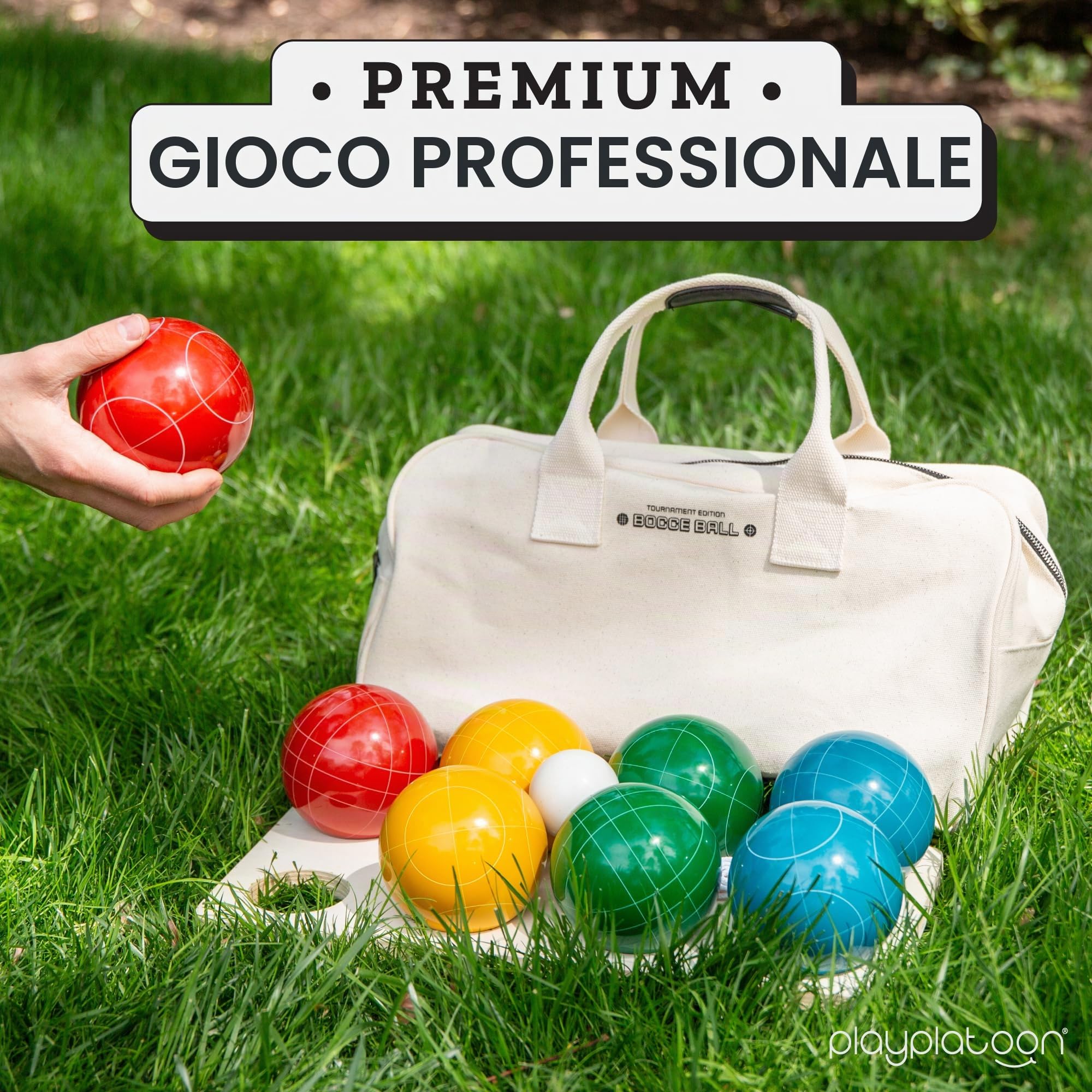 Play Platoon Set di bocce a sfera, misura regolamentare 107 mm | 8 palline in poliresina rigida di alta qualità, Pallino, borsa per il trasporto con cerniera e corda di misurazione