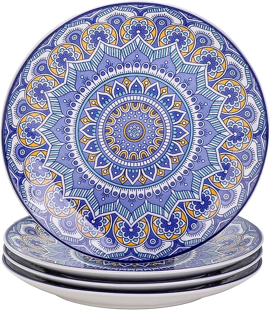 vancasso Mandala Patterned 4-Piece Dinner Plate, Blue Ceramic Bohemian Style Porcelain Tableware, 10.5 inch Dinner/Salad/Fruit/Snack Plate(26.3 * 26.3 * 3cm)