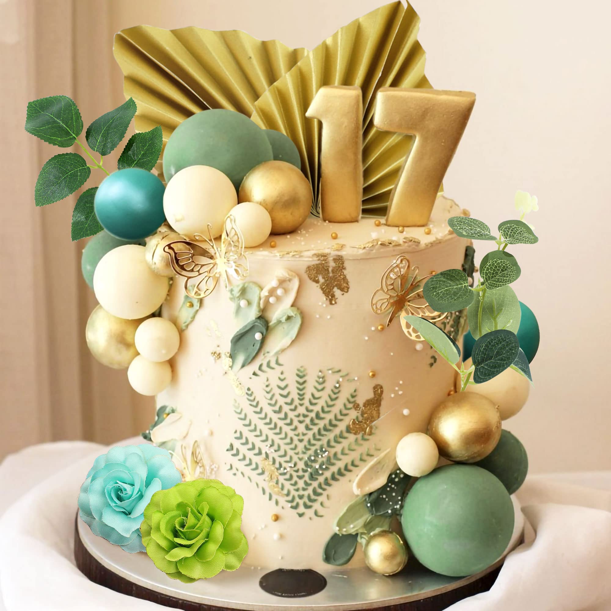 JeVenis Green Ball Cake Topper Rose Cake TopperPalm Leaves Cake Decoration Flower Cake Decorations Baby Shower Cake Decorations Wedding Cake Decoration