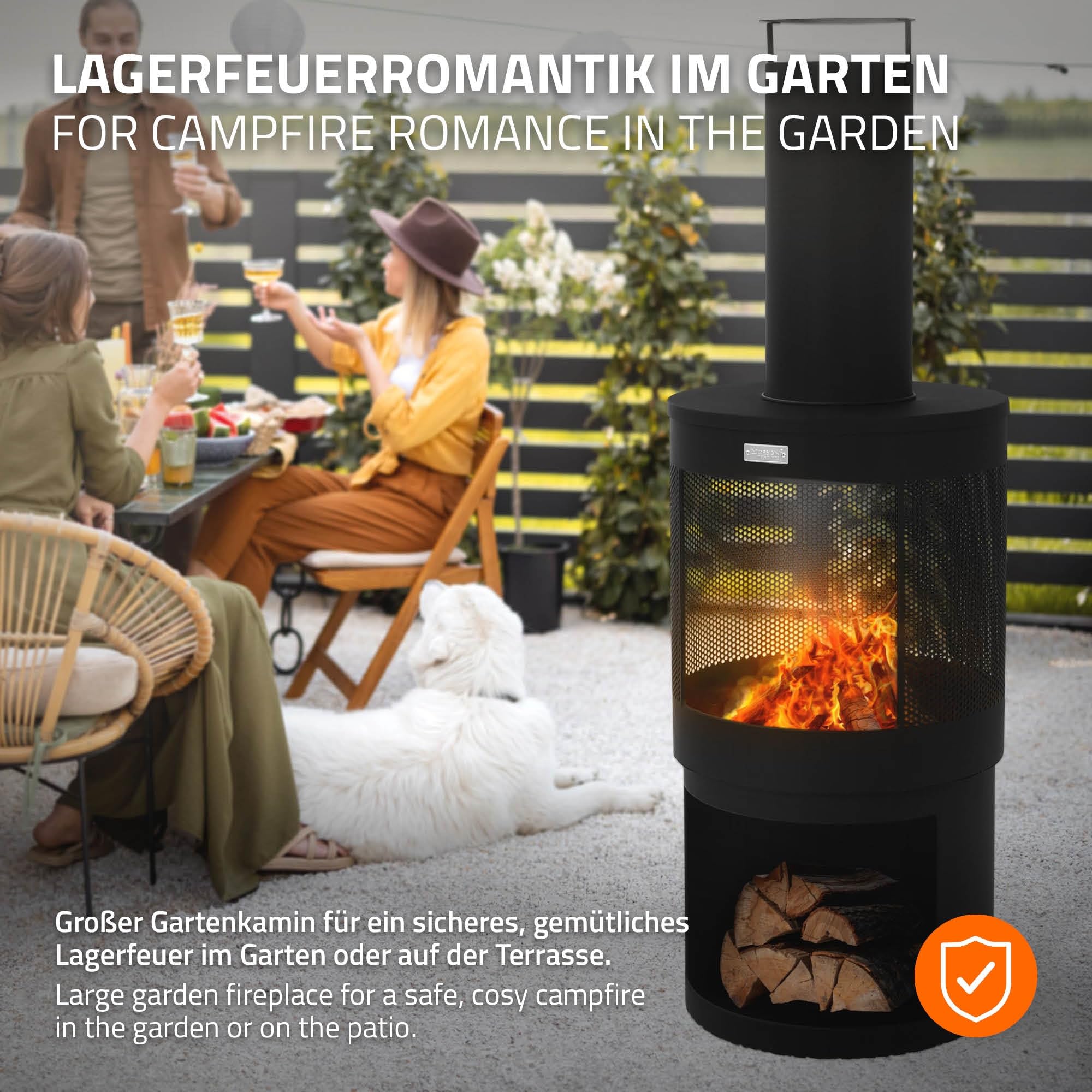 ML-Design Foyer de Jardin avec Cheminée, 131x45 cm, Rond, Noir, en Acier, Poêle de Terrasse Extérieur avec Tisonnier, Toit Amovible & Support à Bois, Brasero en Forme de Coupe/Panier à Feu Camping