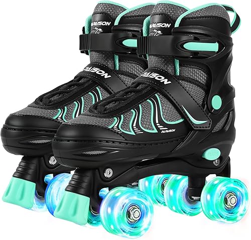 PAPAISON Patines de ruedas para niñas de 8 a 12 años, talla ajustable, patines cuádruples para mujeres jóvenes con ruedas que se iluminan, para