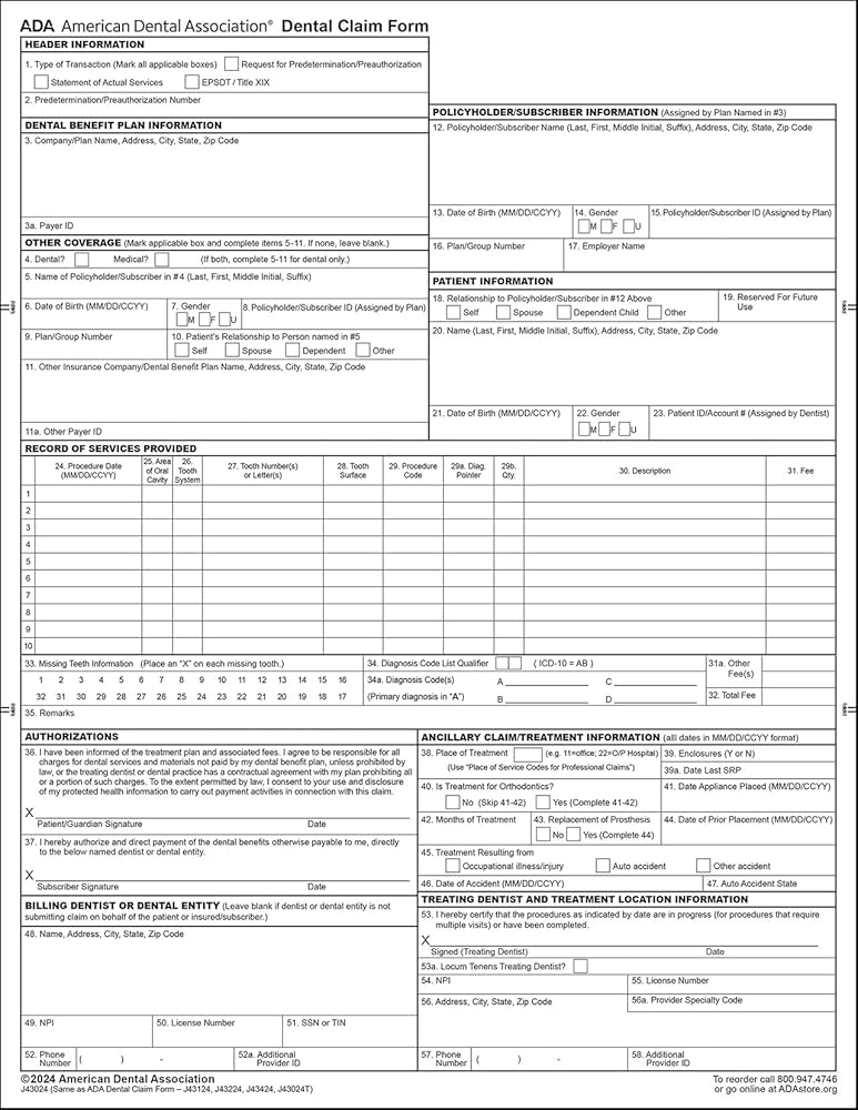 Amazon | 2024年ADA歯科保険請求フォーム - 2500枚。 | 法定用紙