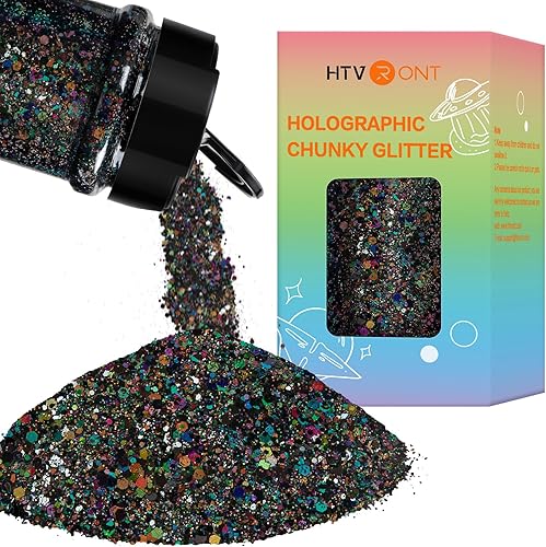 HTVRONT Purpurina holográfica gruesa negra, 7.05 onzas7 onzas, purpurina holográfica gruesa mezclada con purpurina fina a granel, purpurina