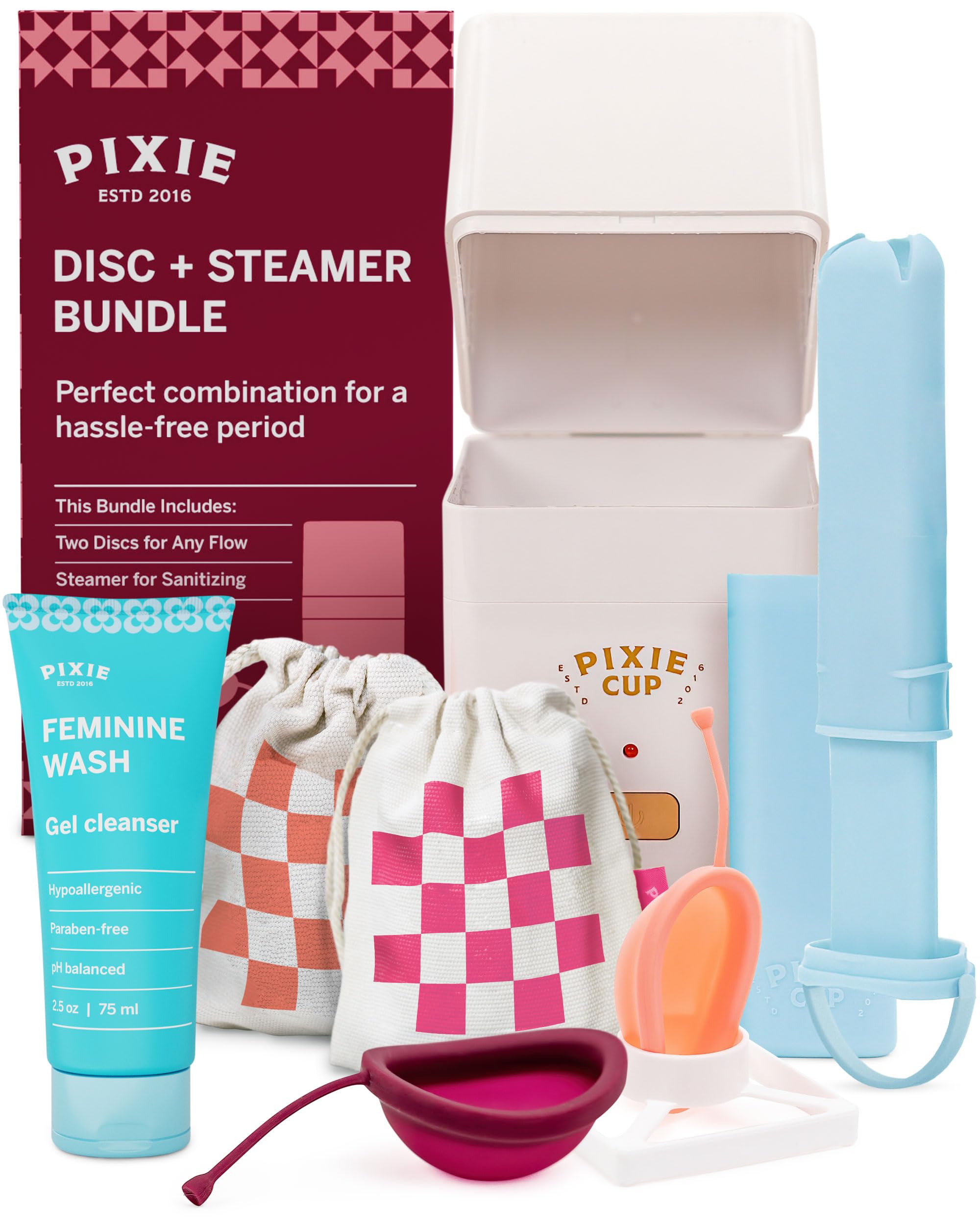Pixie Menstrual Disc Collection - 2 Reusable Period Discs with Applicator, Sterilizer, Feminine Wash & Totes - No Metals or Toxins, Tampon-Style Insertion - All-in-One Easy Period Solution