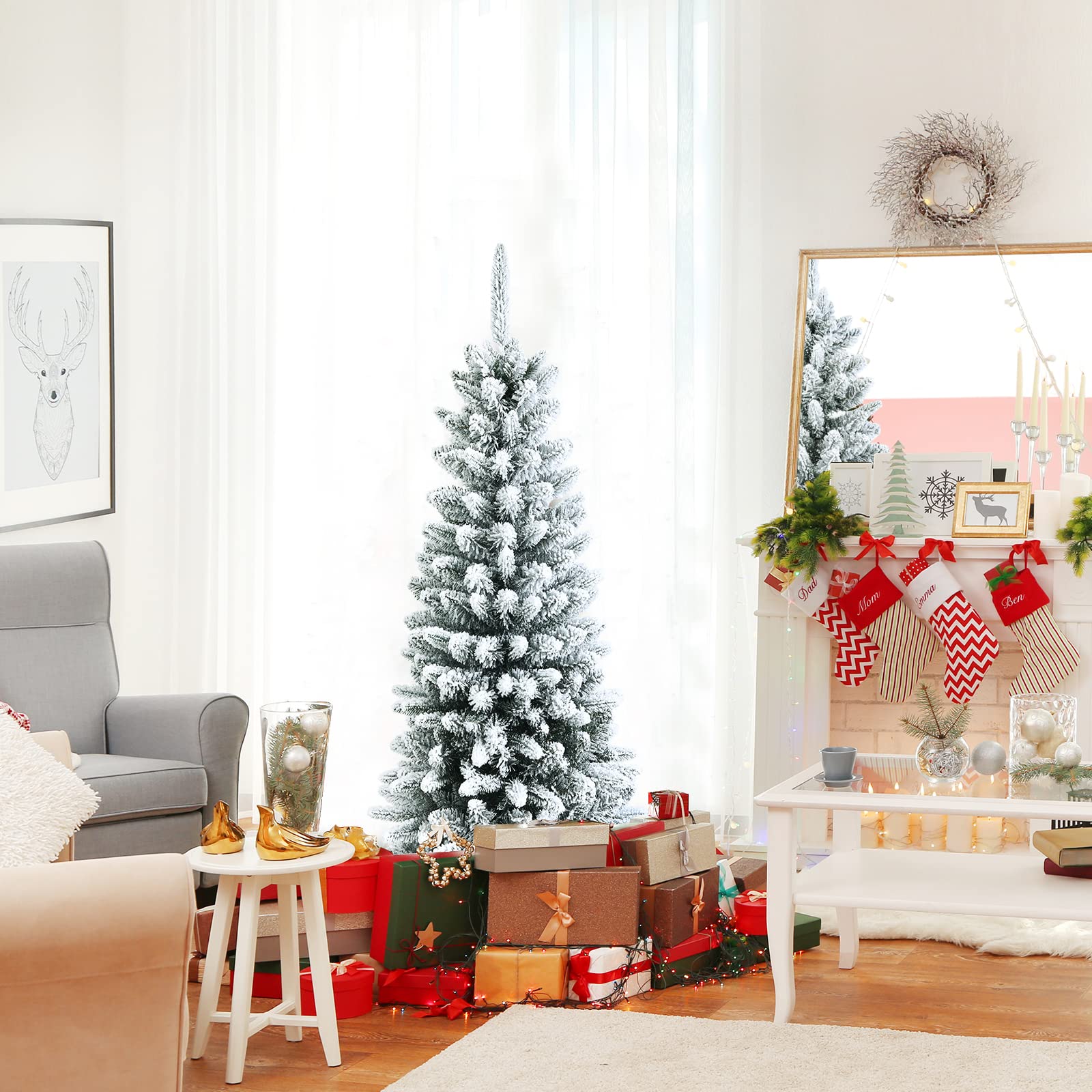 Happygrill 4.5FT Slim Snow Flocked Christmas Tree Hinged Pencil Xmas Tree with 373 Branch Tips, Metal Stand, Space-Saving Realistic Christmas Tree for Festival Celebration