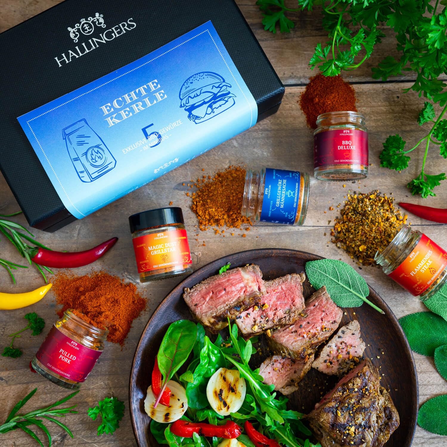 Hallingers Genuss Manufaktur Gewürz Geschenk-Set - 5 Gewürze aus aller Welt in wertiger Geschenkbox mit Rezept-Booklet "Echte Kerle", Geschenkidee für Männer Freund