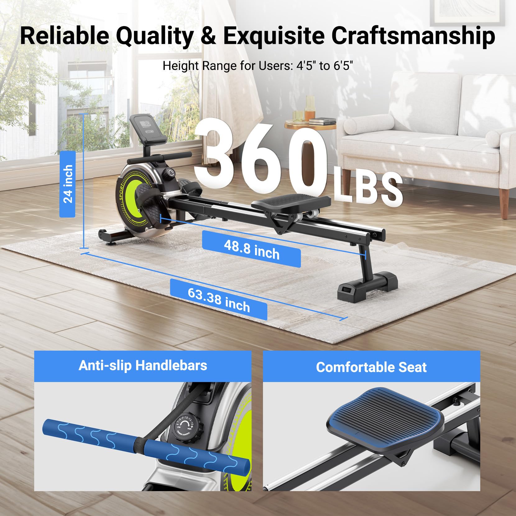 Dripex Rowing Machines for Home, Upgraded Rowing Machine Magnetic Rower, Max 360 LBS, 16 Levels of Workout Resistance, Dual Slide Rail, App Compatible, LCD Monitor, Row Machine for Gym Exercise view 4