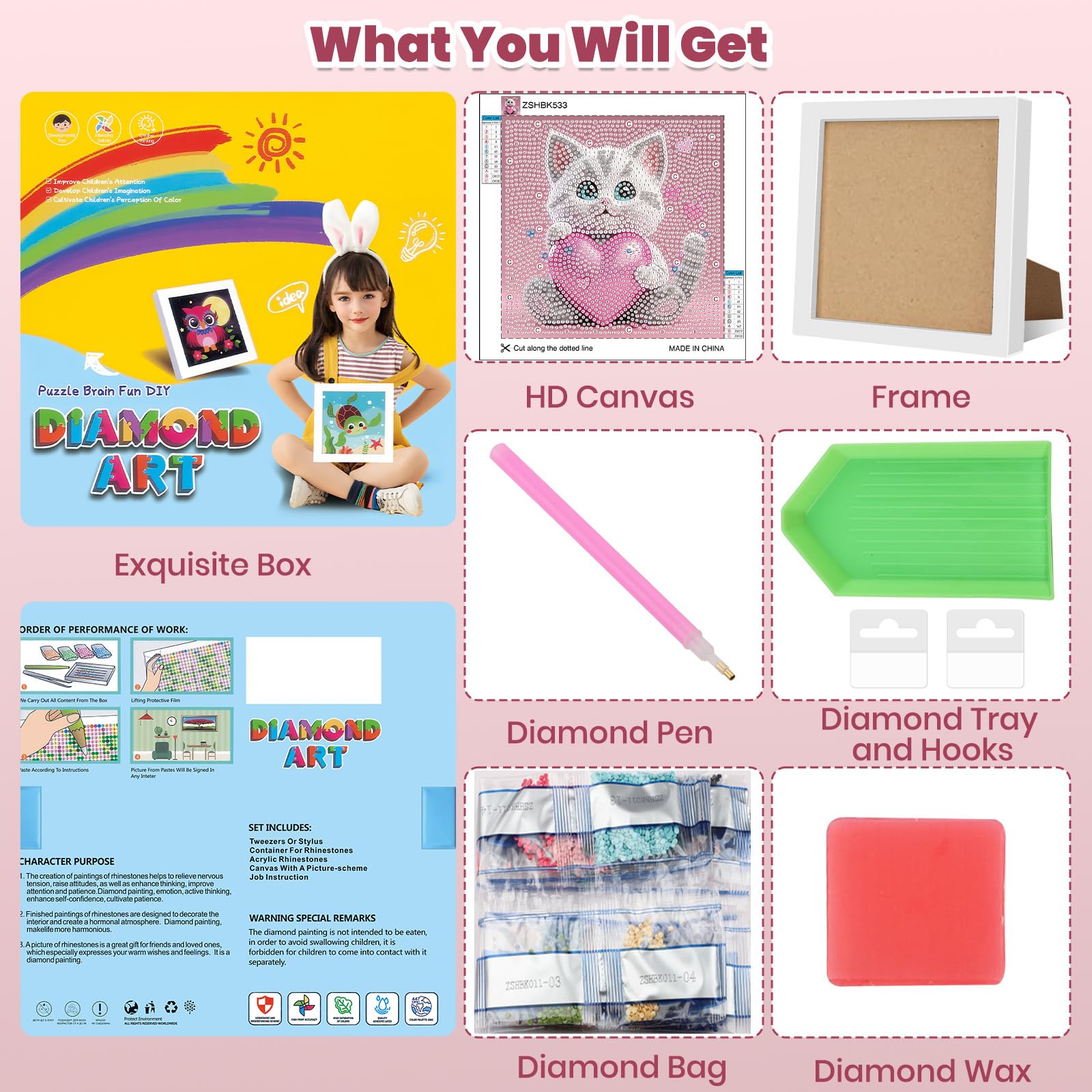GHHKUD Diamond Painting with Frame for Children Cat Diamond Painting Set, Pictures with Gift Box, for 8-12 Years - Image 3
