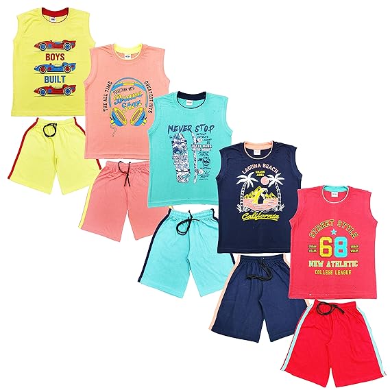 CRAZYON Boys and Girls Set Dress Sleeveless t Shirt Shorts (Pack of 5set)
